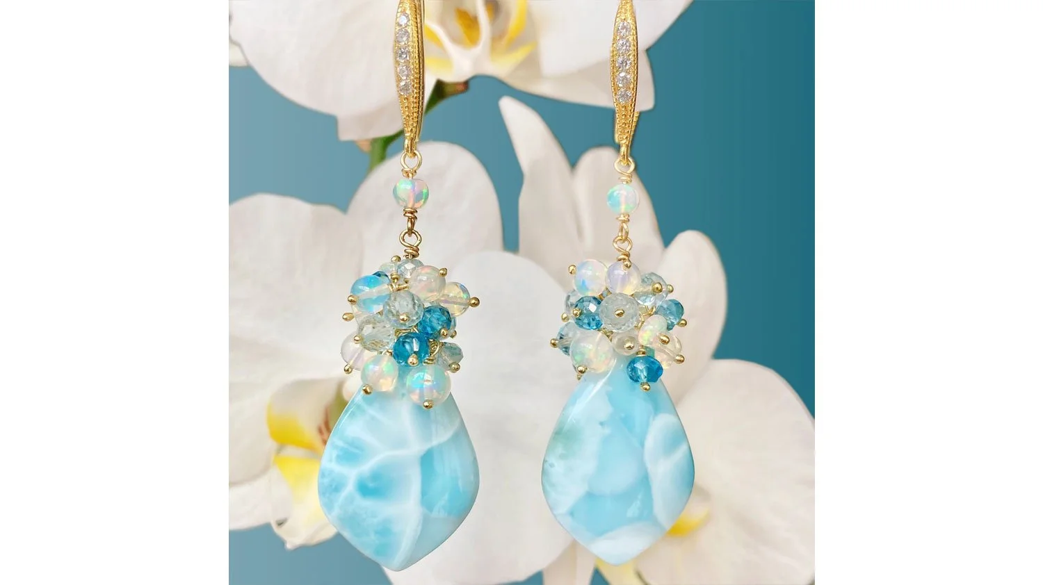Under the Sea II - Larimar and Welo Opal Waterfall Earrings