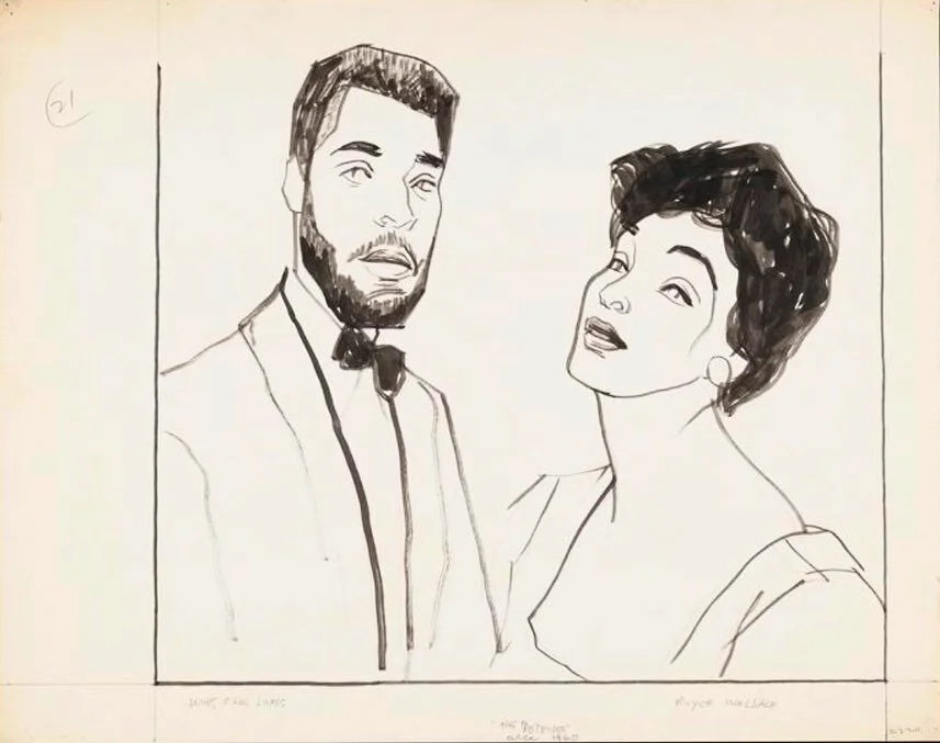 A depiction by William Auerbach-Levy of a young James Earl Jones as Jesse Prince alongside Royce Wallace as Marianne Prince in &ldquo;The Pretender&rdquo; by Lionel Abel. 

Last night marked their opening night 63 years ago at our very own Cherry Lan