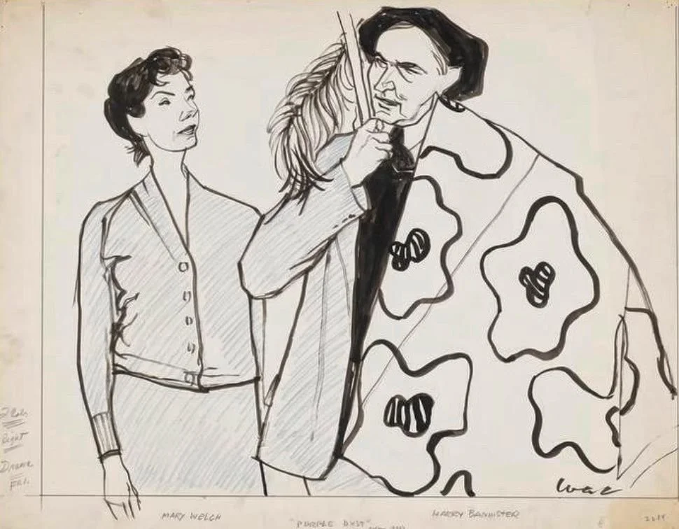 Mary Welch as Souhaun and Harry Bannister as Cyril Poges in &ldquo;Purple Dust&rdquo; by Sean O&rsquo;Casey depicted by William Auerbach-Levy at the Cherry Lane Theatre. 

Do you know which actress worked behind the scenes on this production in 1956?