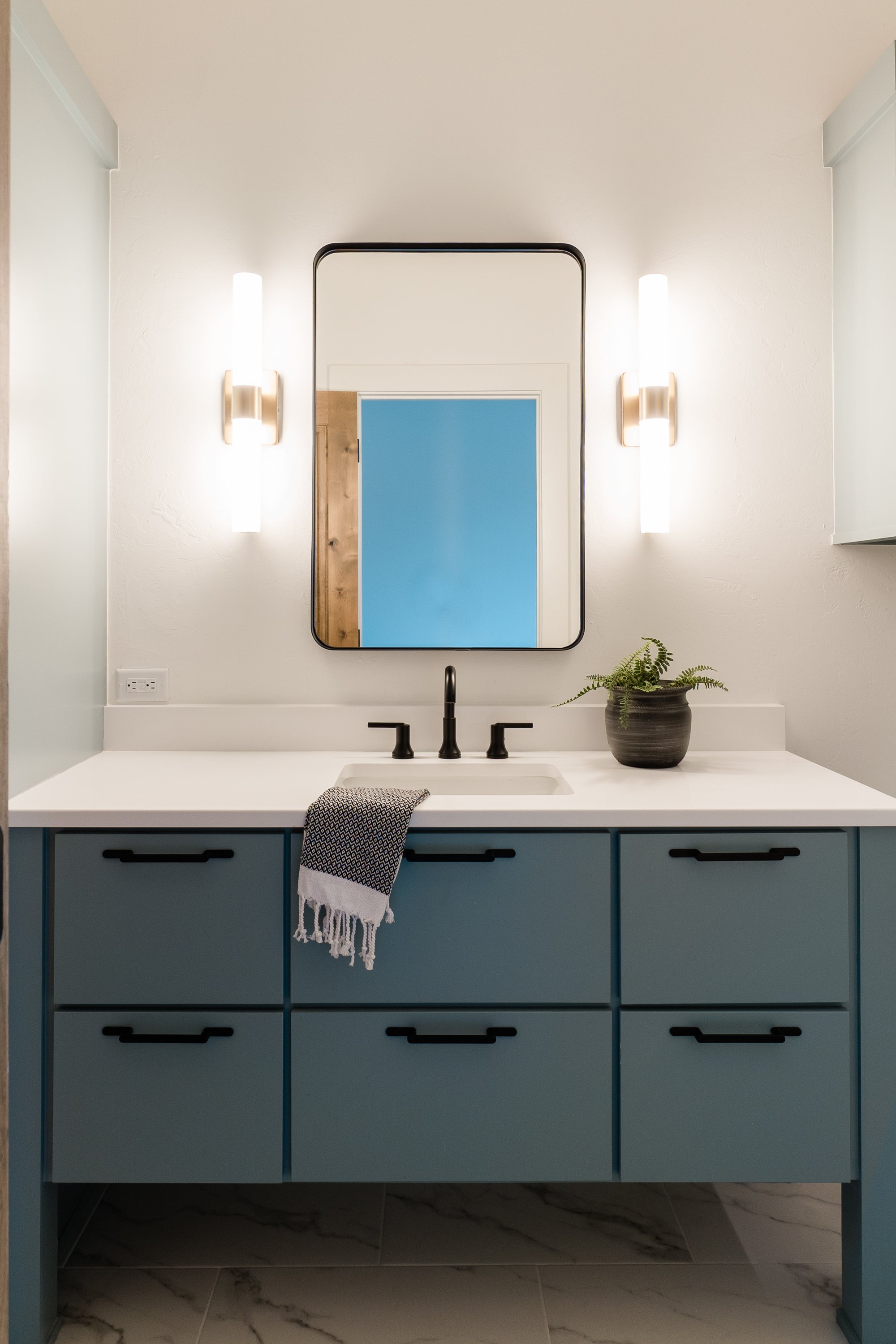 Blue painted bathroom cabinets 
