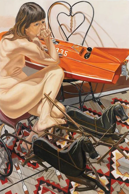 The awkwardness of bodies and Boney shapes Spread out on a flattened canvas. Things are more abstract than things should be-It’s an honest mistake, That You might make Philip Pearlstein Model With Speedboat and Kiddie Car Harness Racer, 2010 Oil on Canvas, 72 x 48 in Betty Cuningham Gallery