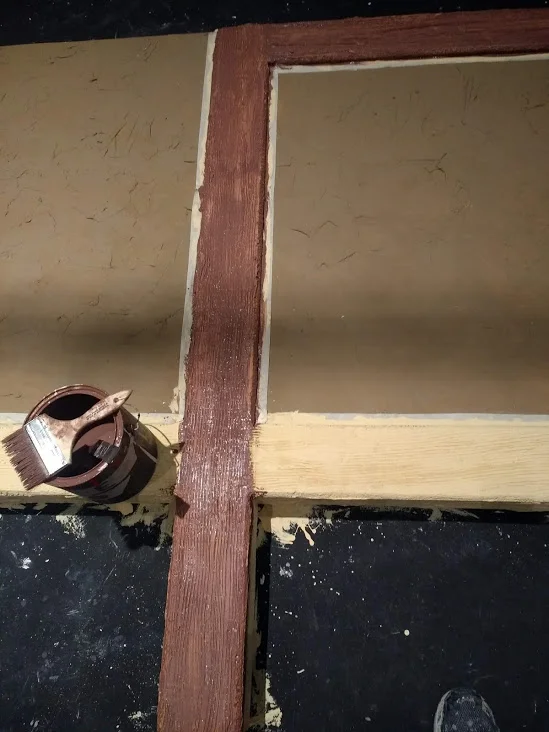  Adding main color on wood planks, wiping off some to let the yellow poke through  