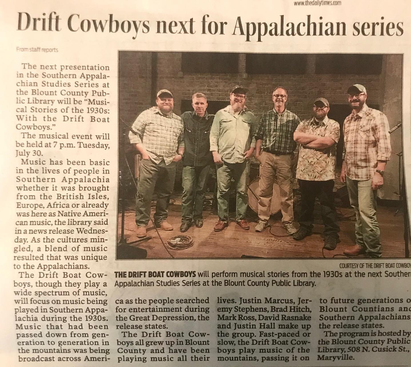 Come out and hear the Drift Boat Cowboys at the Blount County Public Library in July 30th @ 7pm! #driftboatcowboys
