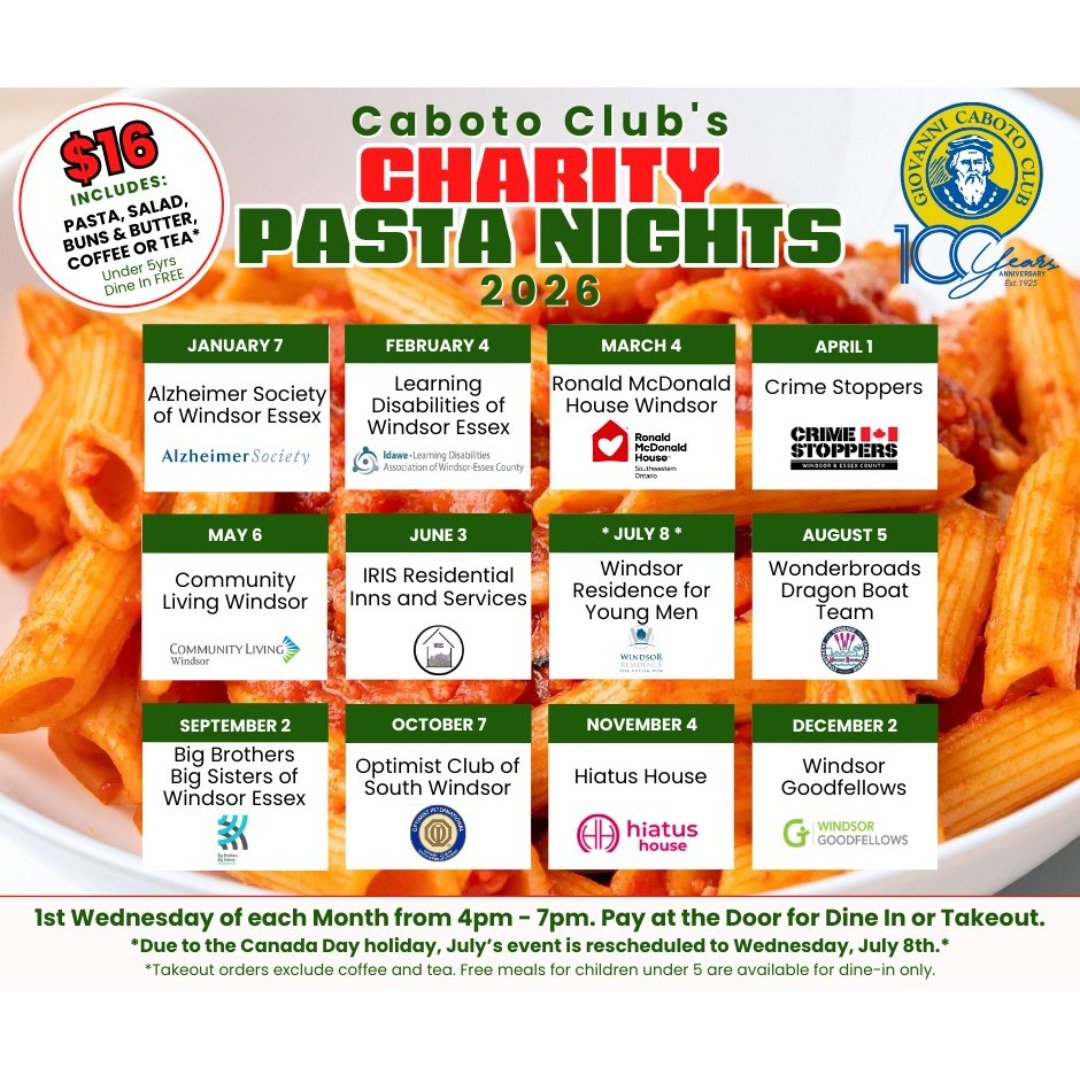 COME ON OUT TODAY !!
GET THE WORD OUT...SHARE THIS WITH YOUR FRIENDS !
Wednesday, July 8th will be Caboto Club's Charity Pasta Night, hosted by Windsor Residence for Young Men
For just $16, dive into Caboto's legendary meat or veggie pasta, paired wi