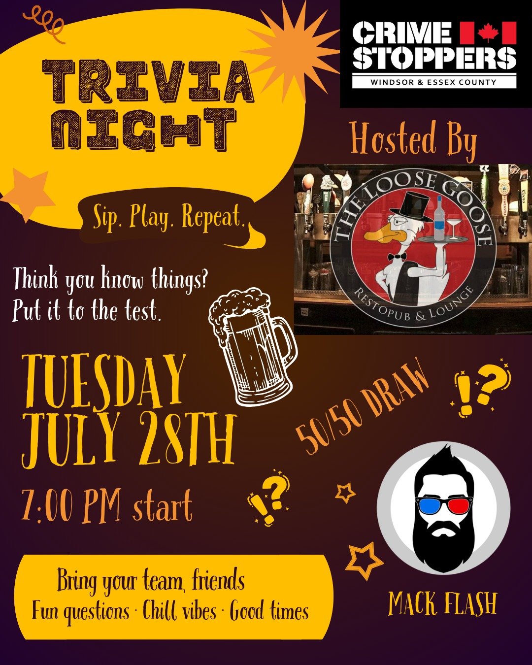 🎉 Join Crime Stoppers Windsor &amp; Essex County for a fun-filled Trivia Night!
Thanks to our amazing friends at The Loose Goose, Crime Stoppers is excited to be part of Trivia Night on Tuesday, July 28 at The Loose Goose in Walkerville.
The evening