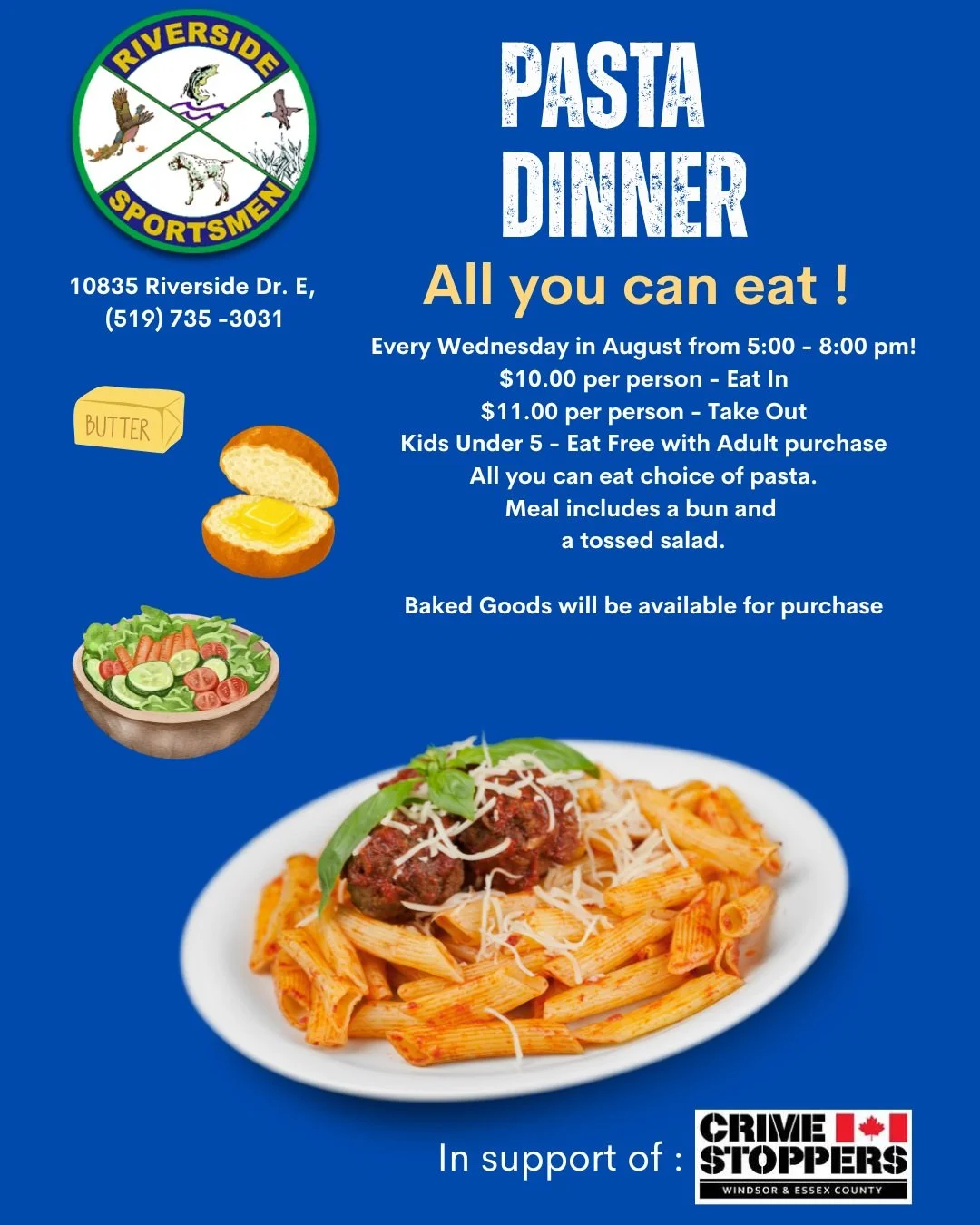 🍝 Come Out and Support Windsor &amp; Essex County Crime Stoppers! 🍝
Join us for All You Can Eat Pasta every Wednesday night at the Riverside Sportsmen Club!
📍 Riverside Sportsmen Club
🗓️ Every Wednesday Night
🕔 5:00 PM &ndash; 8:00 PM
$10 per pe
