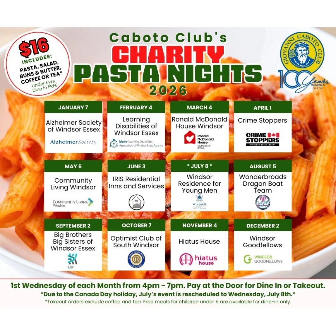 COME ON OUT TOMORROW !!
GET THE WORD OUT...SHARE THIS WITH YOUR FRIENDS !
Wednesday, August 5th will be Caboto Club's Charity Pasta Night, hosted by Wonderbroads Dragon Boat Team
For just $16, dive into Caboto's legendary meat or veggie pasta, paired