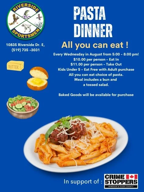 TONIGHT !!!!
🍝 Come Out and Support Windsor &amp; Essex County Crime Stoppers! 🍝
Join us for All You Can Eat Pasta every Wednesday night at the Riverside Sportsmen Club!
📍 Riverside Sportsmen Club
🗓️ Every Wednesday Night
🕔 5:00 PM &ndash; 8:00 