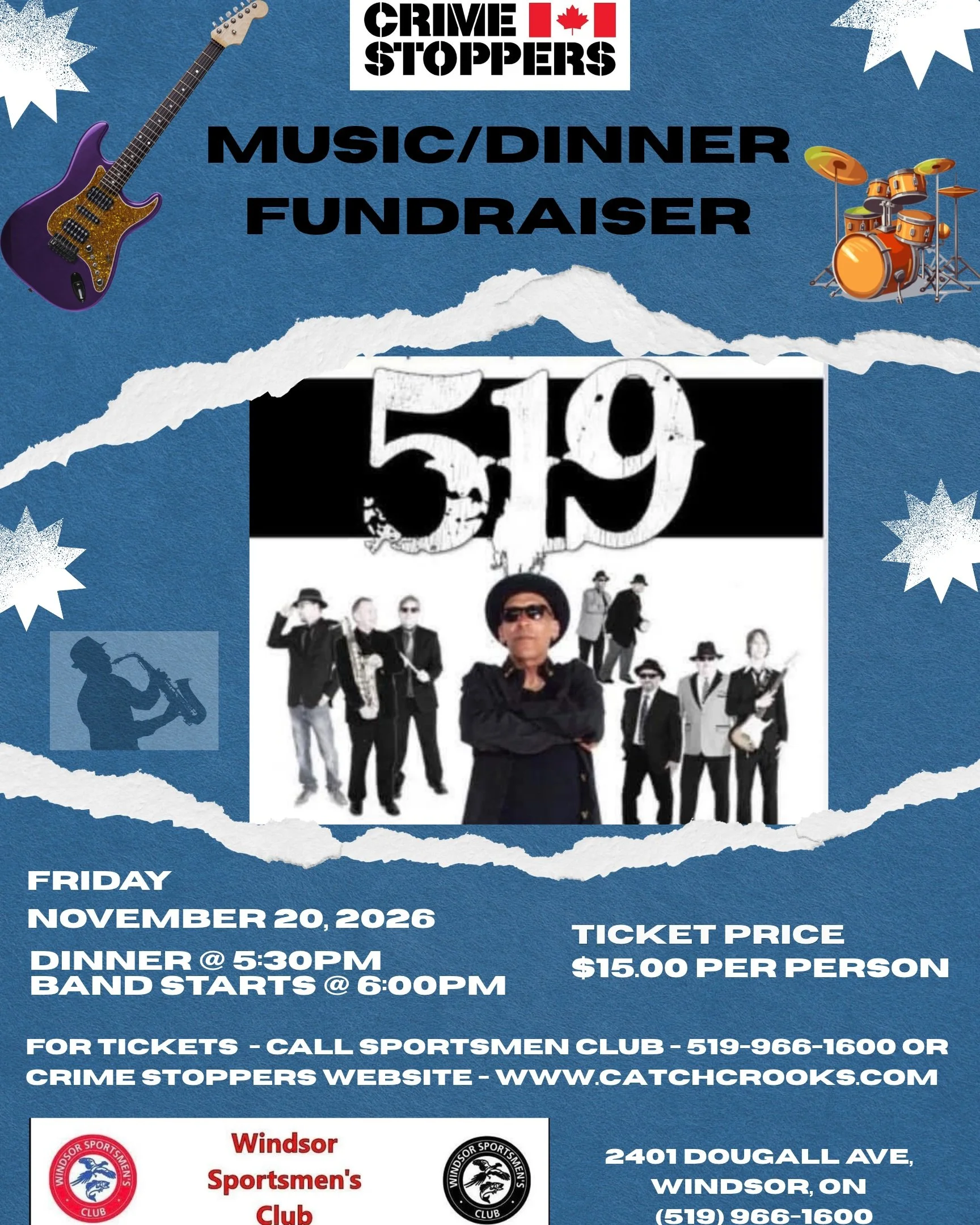 ARE YOU READY !!!!
🎸🍝 GET READY TO ROCK FOR CRIME STOPPERS! 🍝🎸
Our FIRST-EVER event with the LEGENDARY 519 BAND is happening!
📅 Friday, November 20, 2026
📍 Windsor Sportsmen&rsquo;s Club &ndash; Dougall Ave.
🍝 Pasta Dinner &ndash; ONLY $15!
⏰ 