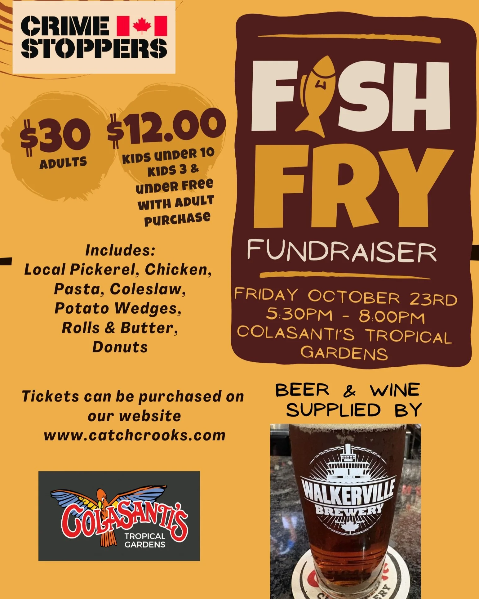 TICKETS ON SALE !!!

🐟 THE FIRST-EVER CRIME STOPPERS FISH FRY!
Join Windsor &amp; Essex County Crime Stoppers for a fantastic evening of great food, great company, and great community support!

📍 Colasanti&rsquo;s Tropical Gardens &ndash; Kingsvill
