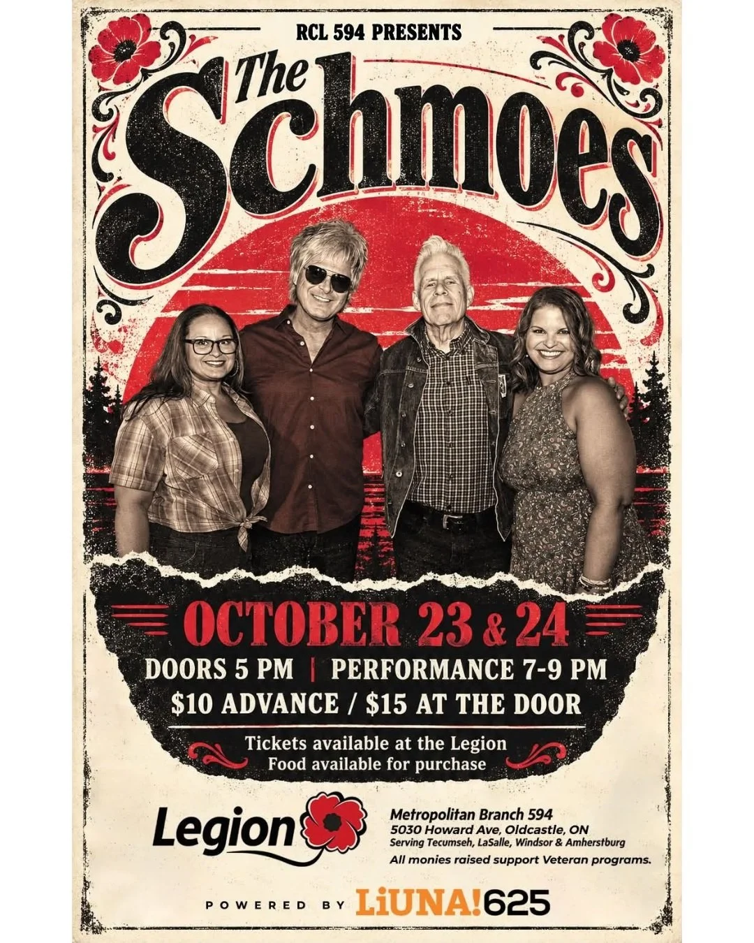 🎶 COME OUT &amp; SUPPORT LEGION 594! 🇨🇦

Join us Friday, October 23 &amp; Saturday, October 24 for an awesome weekend of live music featuring local musicians The Schmoes! 🎸🎤

📍 Legion 594 &ndash; Howard Avenue
🎟️ Tickets are available for purc