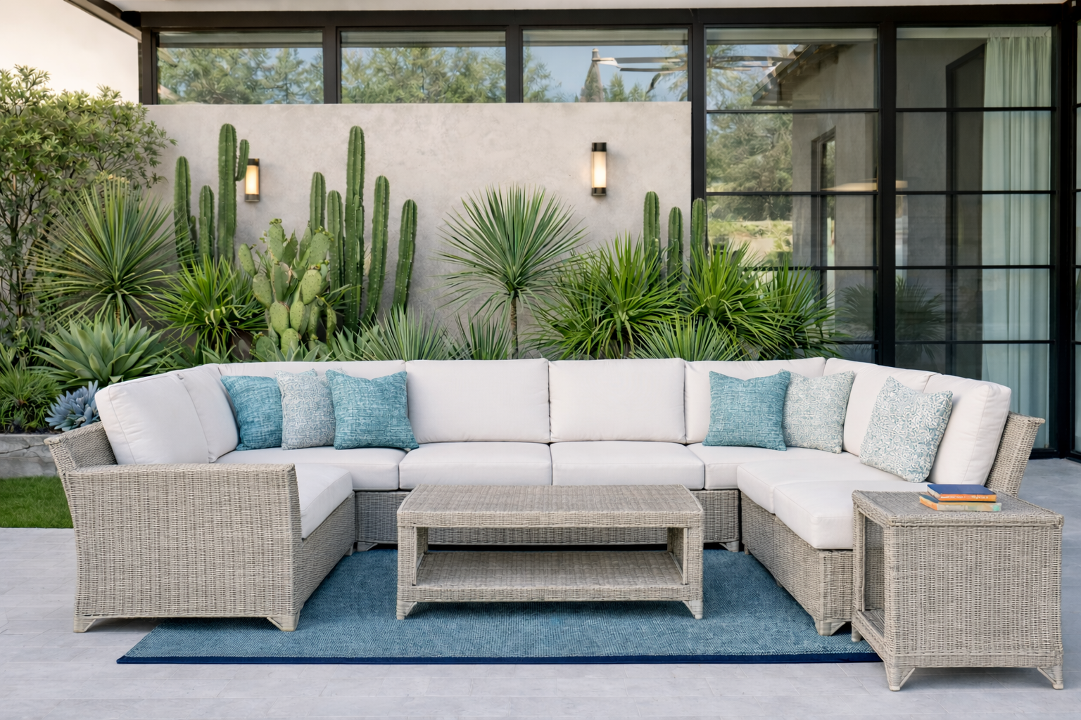 Modern Mediterranean patio design with desert landscaping and outdoor sectional seating in Scottsdale Arizona