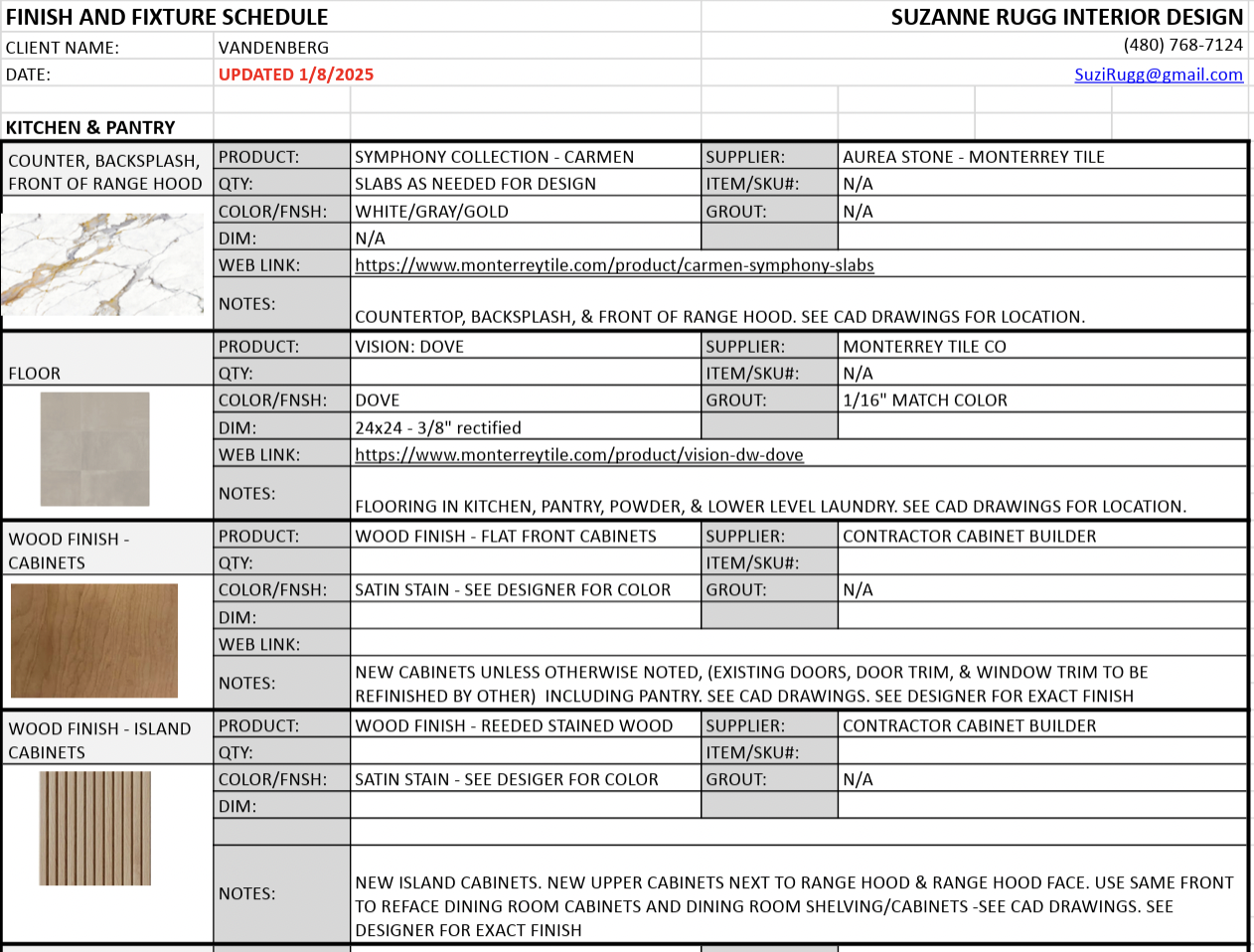 Finish schedule for kitchen and pantry