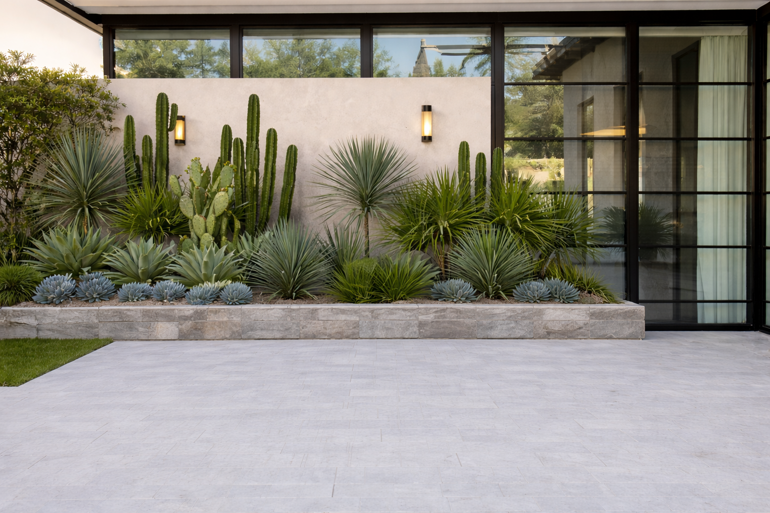 Layered desert landscape with cacti, agave, and succulents in front of a privacy wall