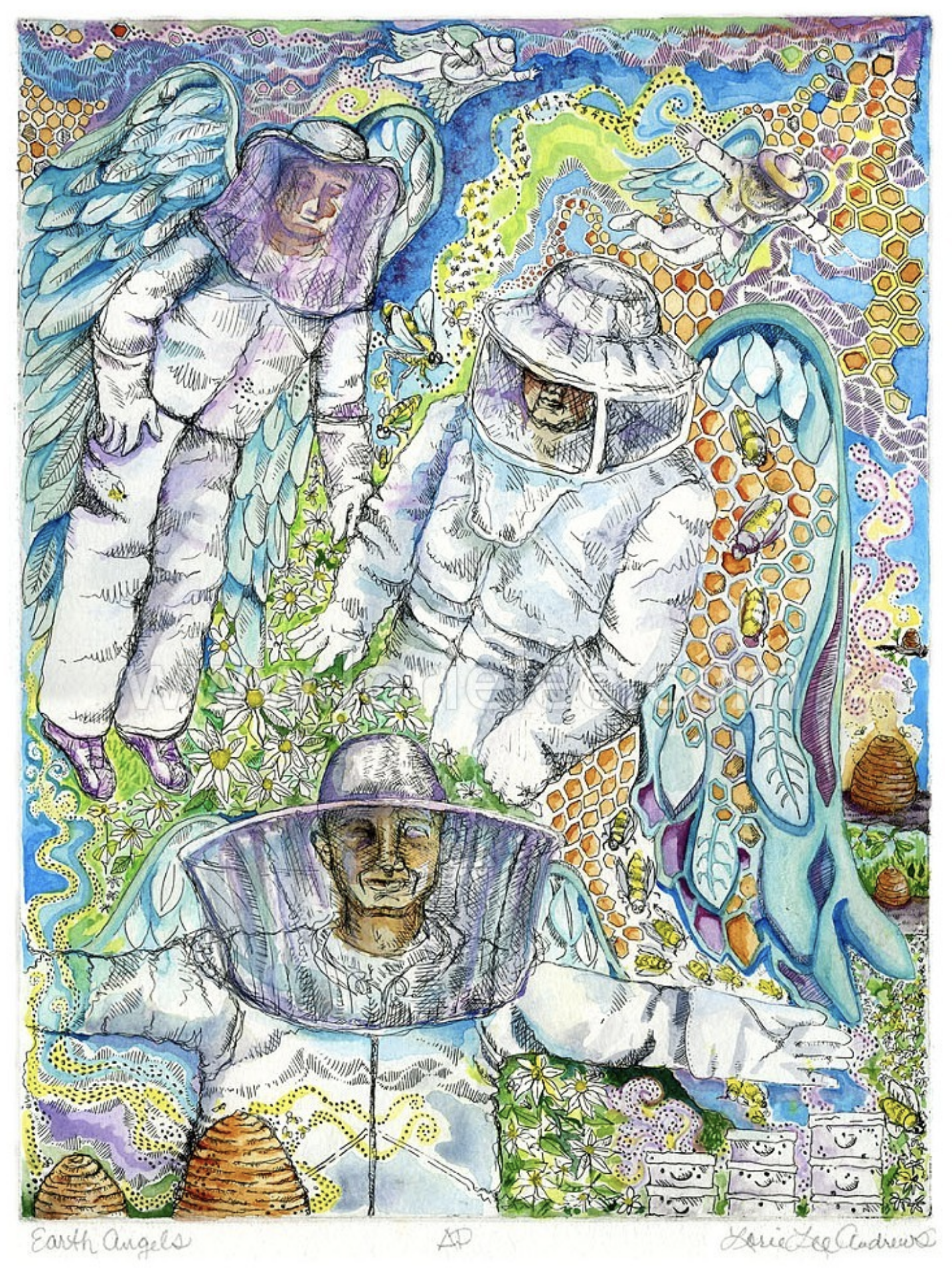 Earth Angels, Lorie Lee Andrews, 2014, hand colored copper plate etching
