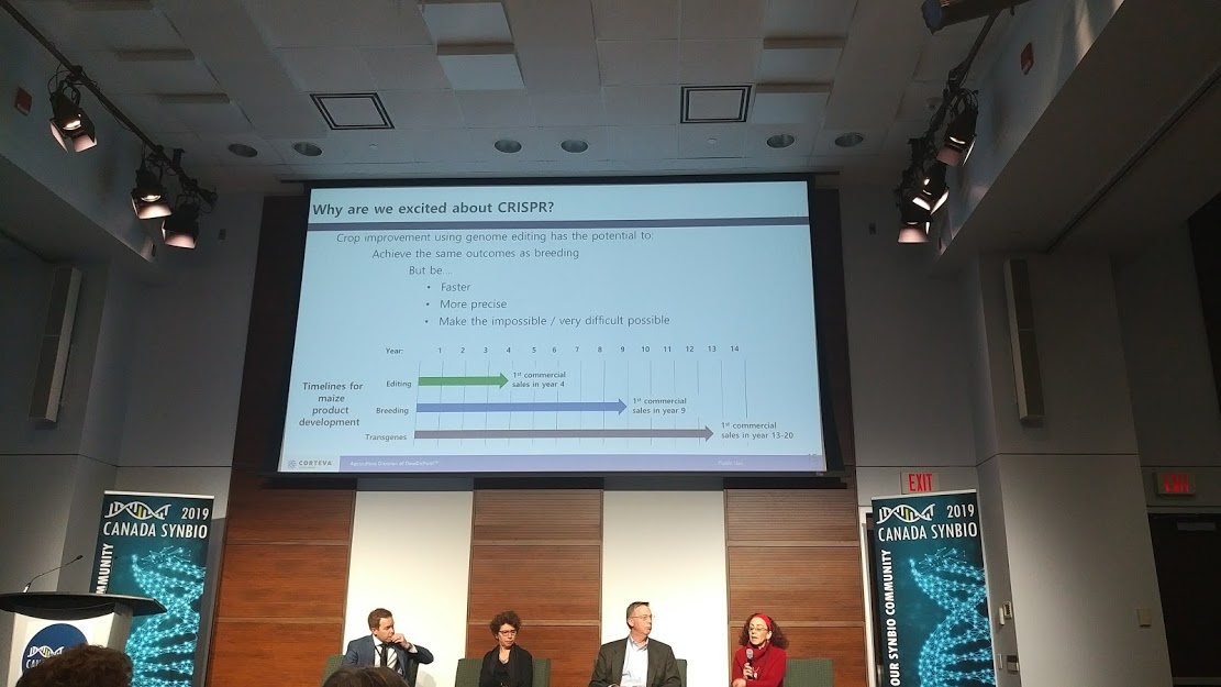 The agriculture panel discusses recent advances in gene editing. From left to right: Ian Affleck (CropLife Canada), Emily Marden (UBC), Michael Lohuis (Semex), Clara Alarcon (Corteva Agriscience). (Photo by Benjamin Scott)