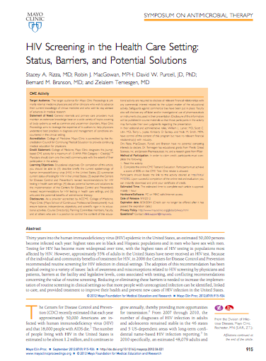 HIV Screening in the Health Care Setting: Status, Barriers, and Potential Solutions