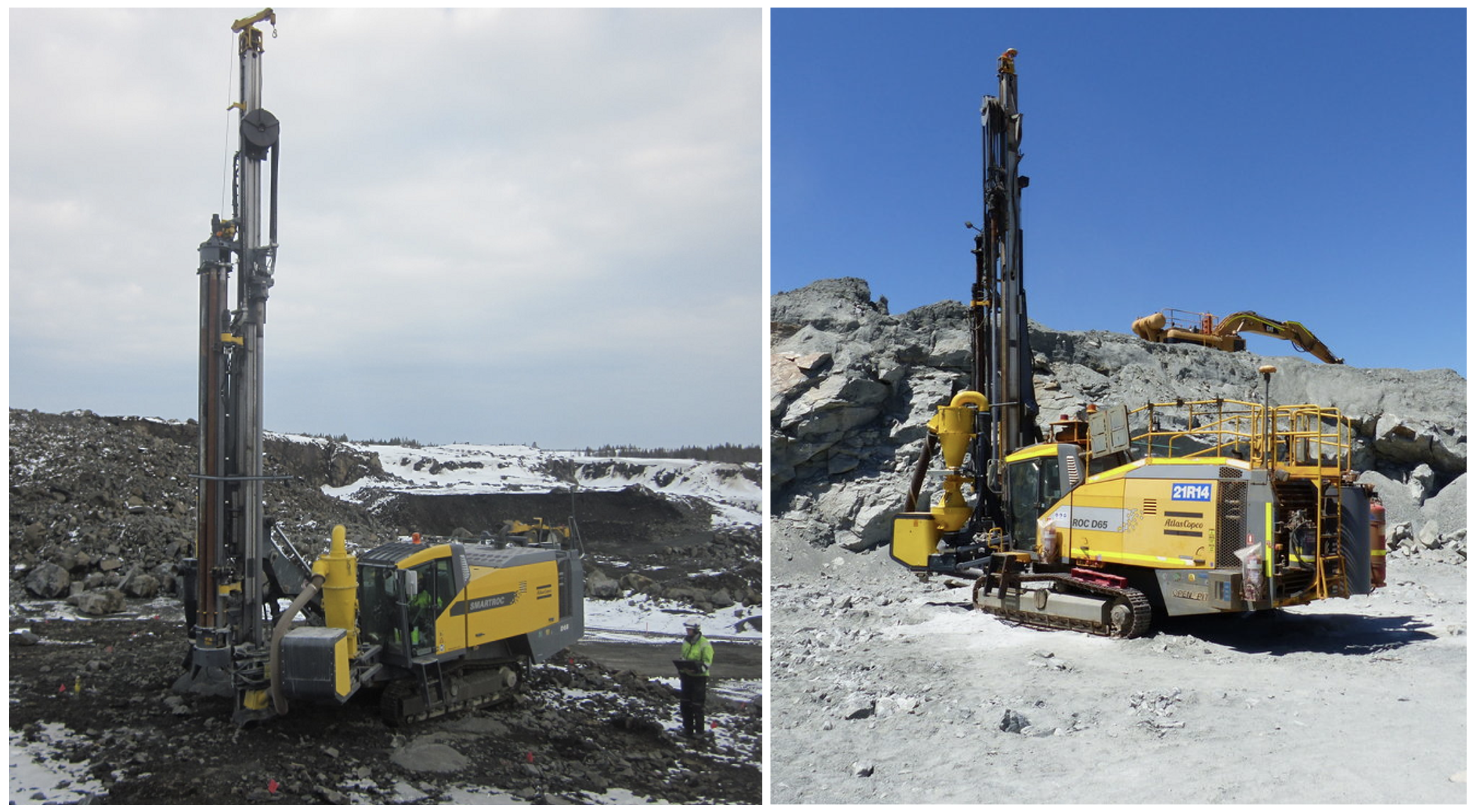 Figure1: Percussive Drill Sampler-Analyzer (PDSA) in two different applications, on left in arctic on blast hole bench with standard cyclone, on the right with R/C and splitter setup in a tropical mine