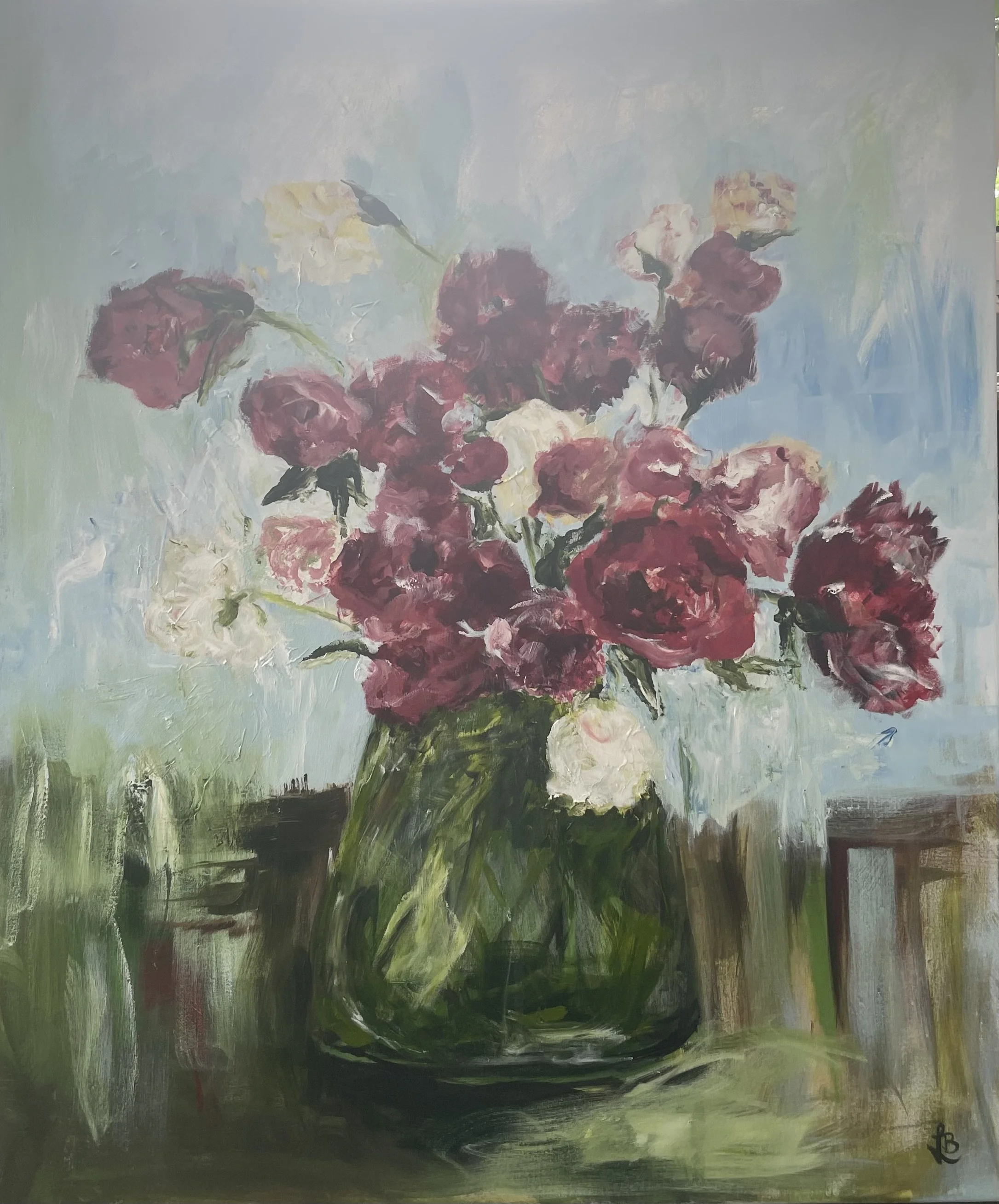 Green Glass Vase of Peonies