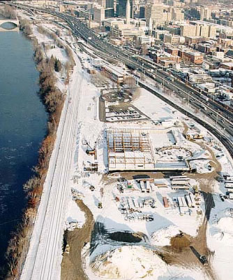  You can see the basic outlines of the future building even through the coating of snow. The Connecticut River runs along the western edge of the location while Route I91 and the city of Springfield are on the eastern side. 