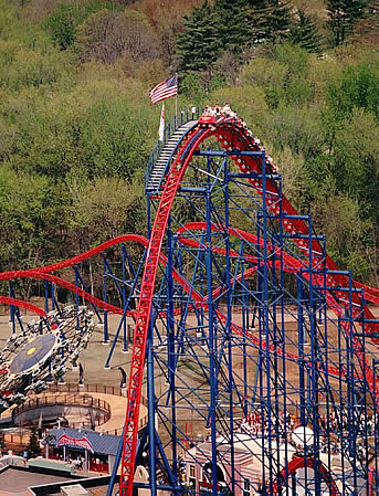  Here is the Superman: Ride of Steel in action. This rollercoaster was brand new when Six Flags New England opened its doors on May 5, 2000. It is very highly rated among rollercoaster enthusiasts. 