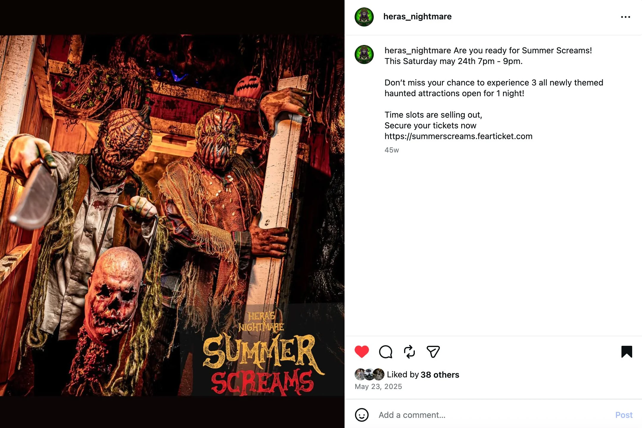 Hera's Nightmare advertises their 'Summer Screams' event in Westminster, MD using social media.