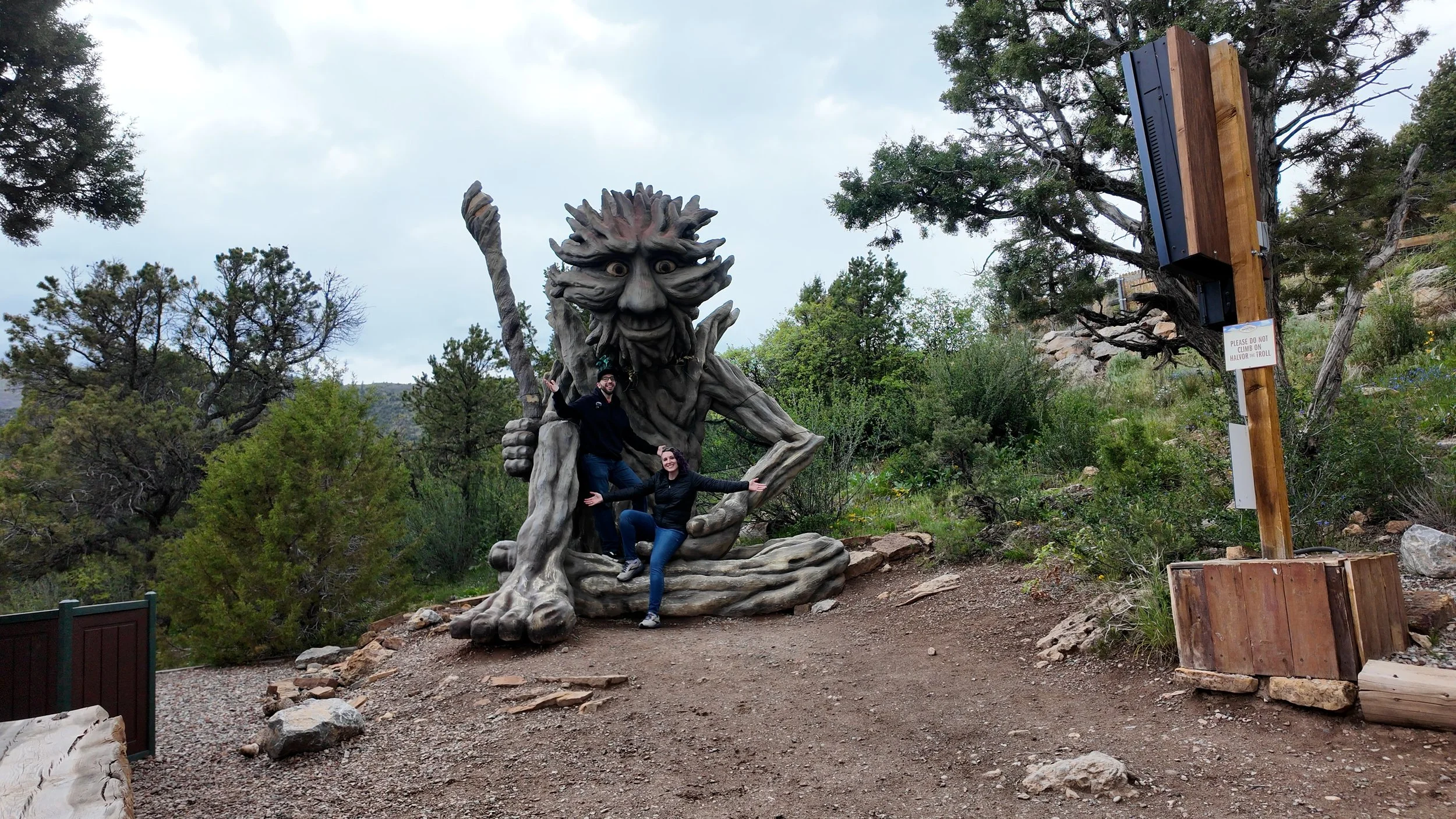 Glenwood Caverns offers many attractions and play areas completely free of charge, including this fun photo op with Halvor Flowstone, the troll atop iron mountain!