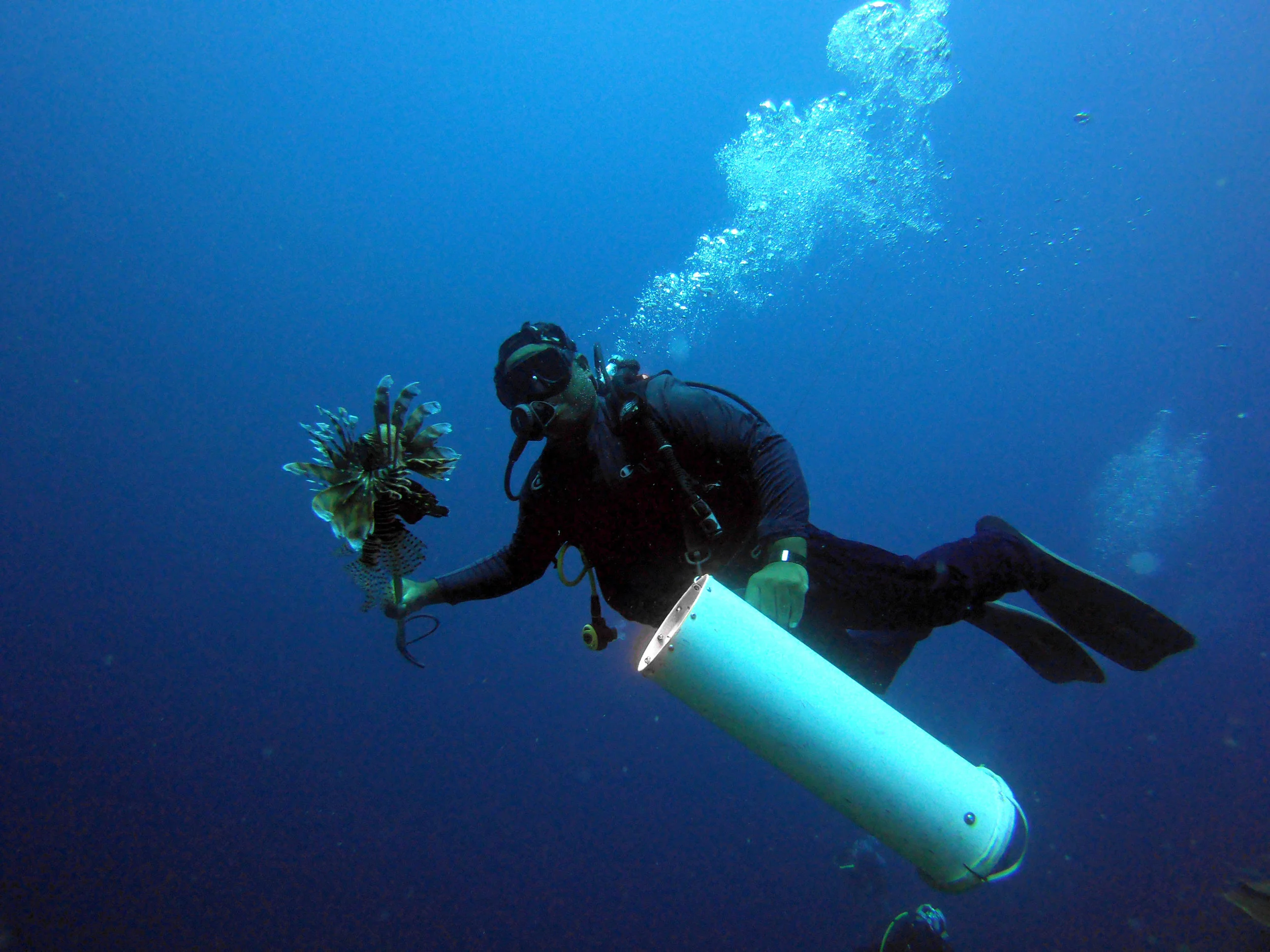 Chester Nathoniel with speared Lionfish in the Soufriere Local Managed Marine Area.