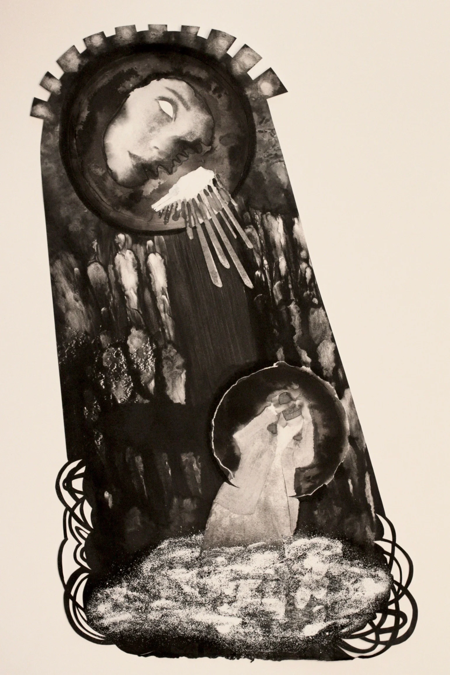 Autobiography of my Life in X Chapters , 2017. 22 x 12 in. Monoprint, ink, embossing powder. The title is a reference to the poem “Autobiography in 5 Short Chapters,” by Portia Nelson. This work reflects my six-year experience of intense self-reflection while recovering from an eating disorder.