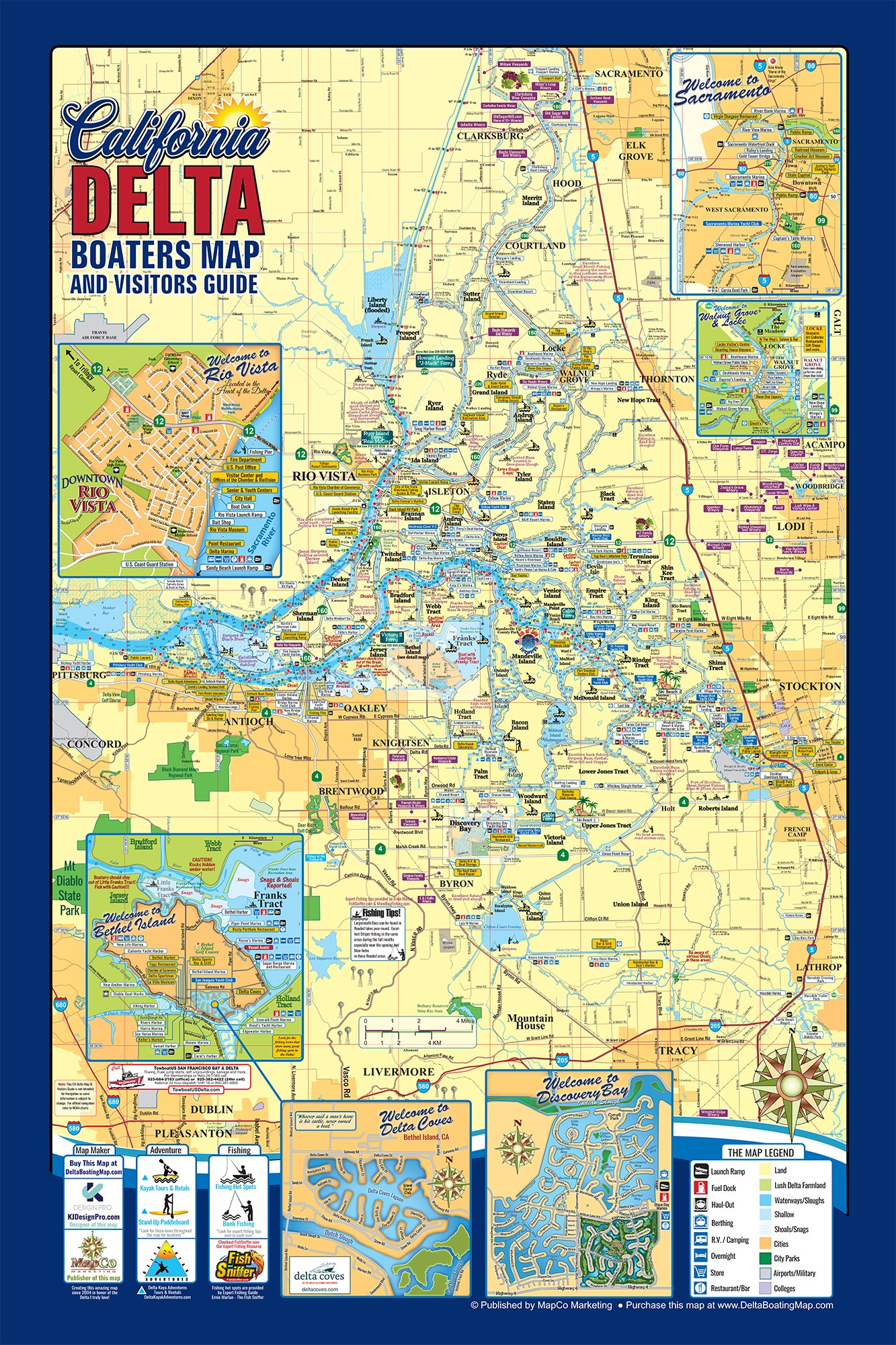 Map of California Delta with detailed waterways, towns, parks, and amenities, including inset maps of Rio Vista, Bethel Island, Discovery Bay, and nearby regions.
