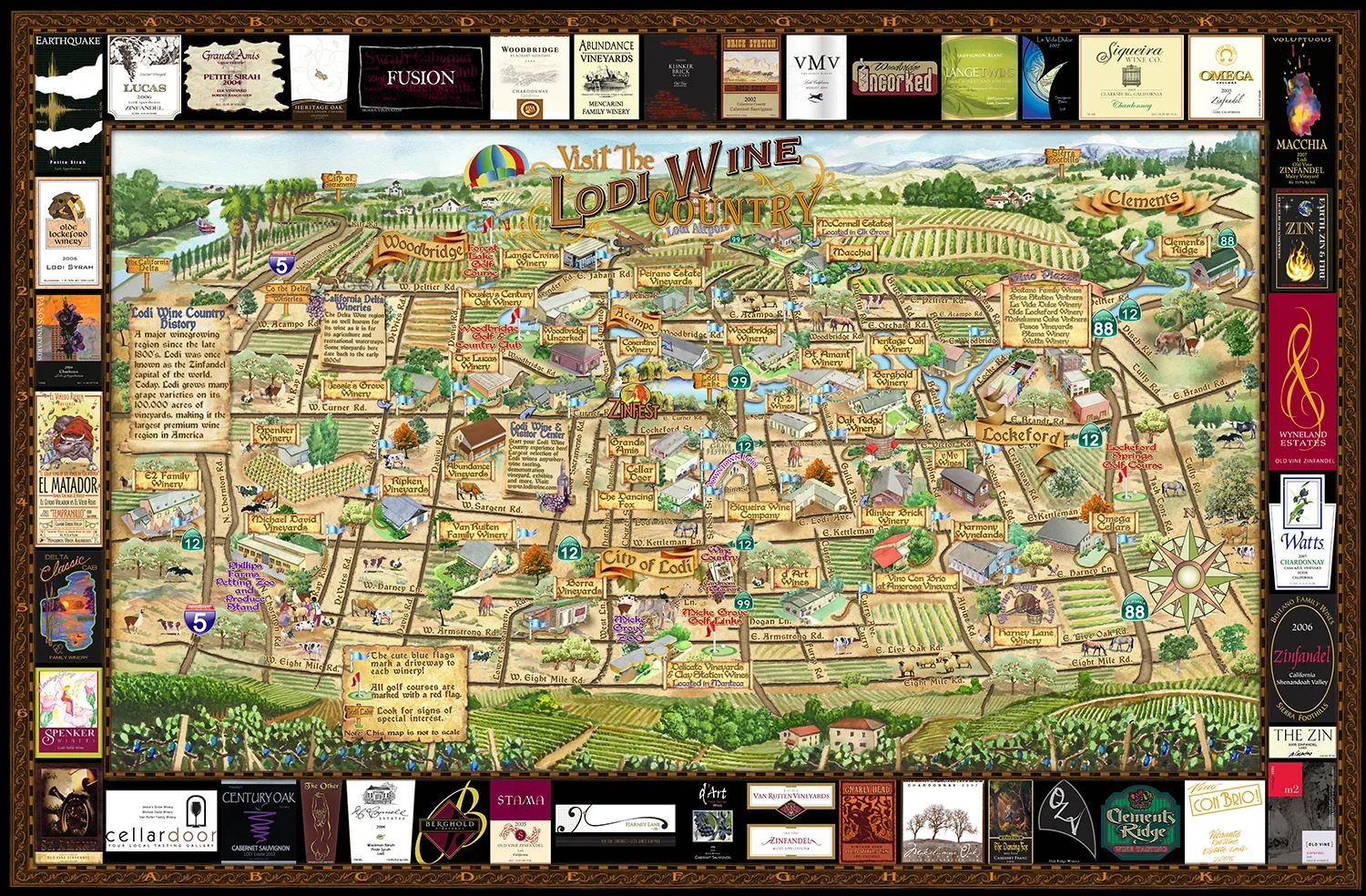 Map of Lodi Wine Country with labeled vineyards, wineries, roads, and landmarks, along with surrounding advertisements for wineries and wine-related businesses.