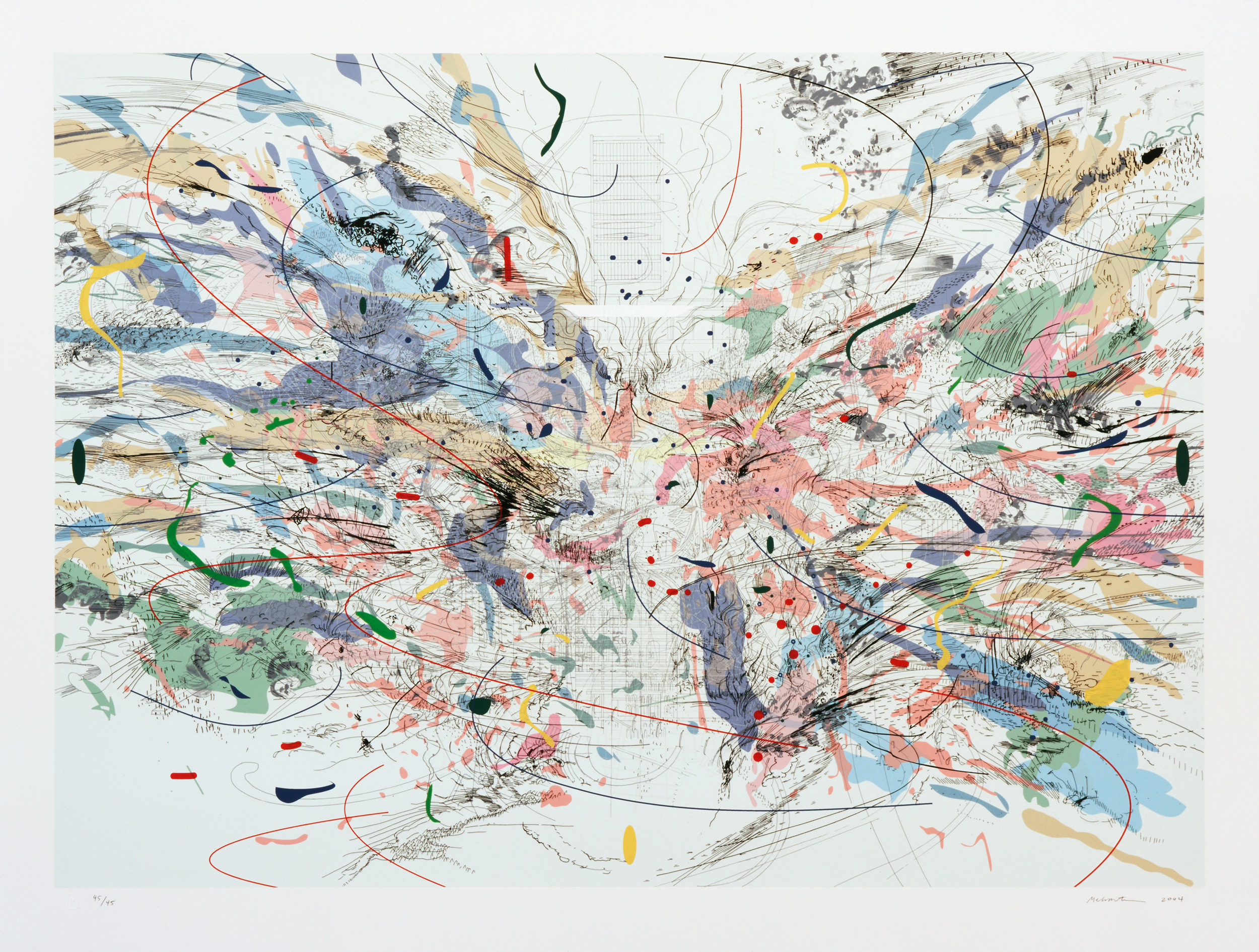    Entropia (review)   by Julie Mehretu 2004  Edition of 45 | 32-color lithograph and screenprint on Arches 88 paper | image: 29" x 40" | paper: 33 1/2" x 44" | Co-published by Highpoint Editions and the Walker Art Center 
