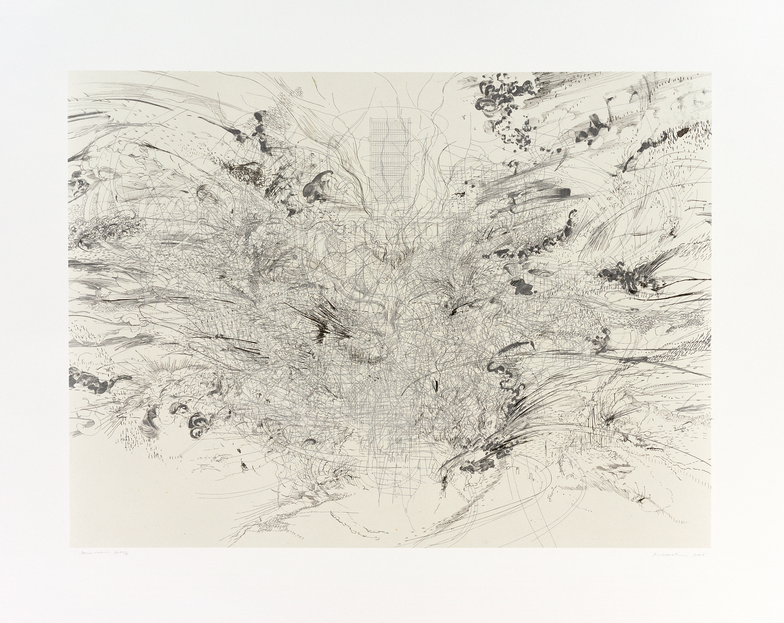    Entropia: Construction   by Julie Mehretu 2005  Edition of 30 | Lithograph with Gampi chine collé on Somerset Satin | image: 29 1/2" x 39 1/2" | paper: 40" x 49 1/2"  