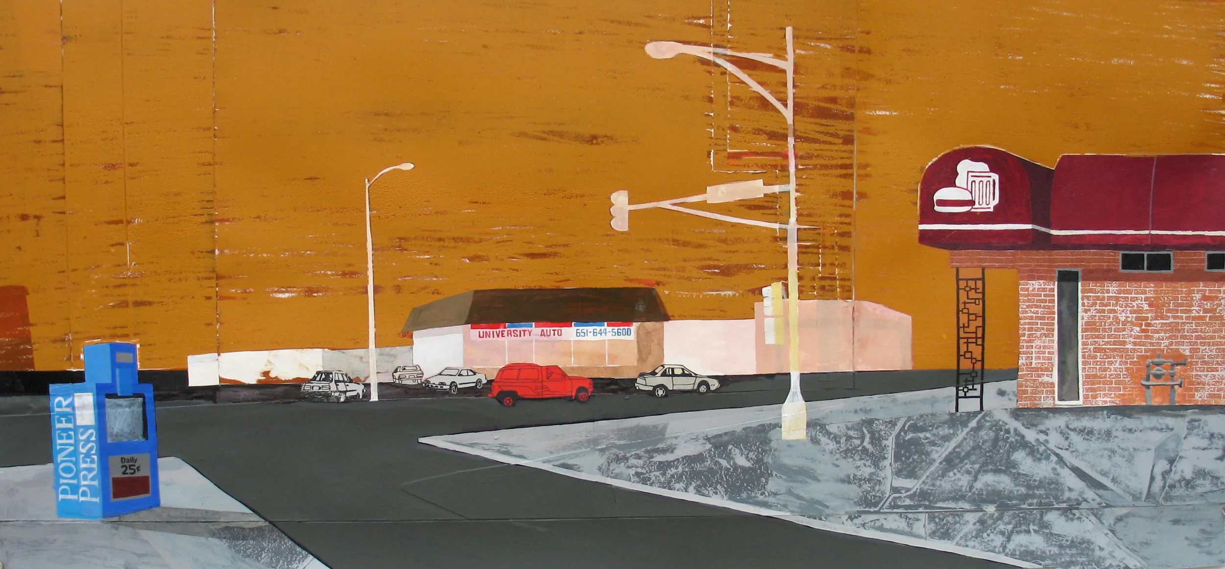 University & Hampden Avenues, St. Paul (Bar is gone now)   by Carolyn Swiszcz 2006   Handcoloring, trace monotype, screenprint, rubber stamp, & collage  |  19" x 41"