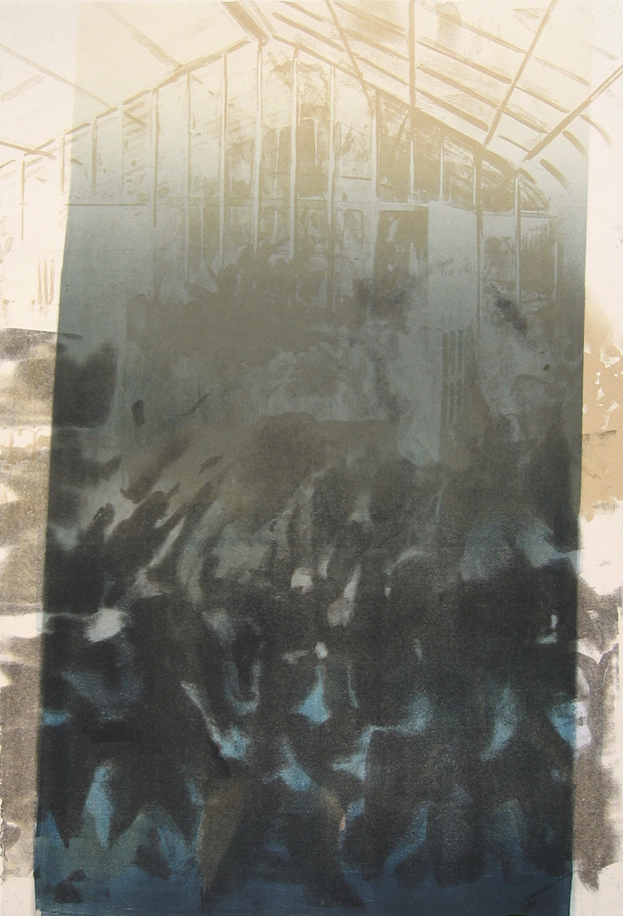    Descent   (sg1) by Joel Janowitz 2005  Lithography and Monoprinting with Okawara chine collé on Arches Cover | image: 38" x 25 1/2" | paper: 41 1/2" x 28"&nbsp; 