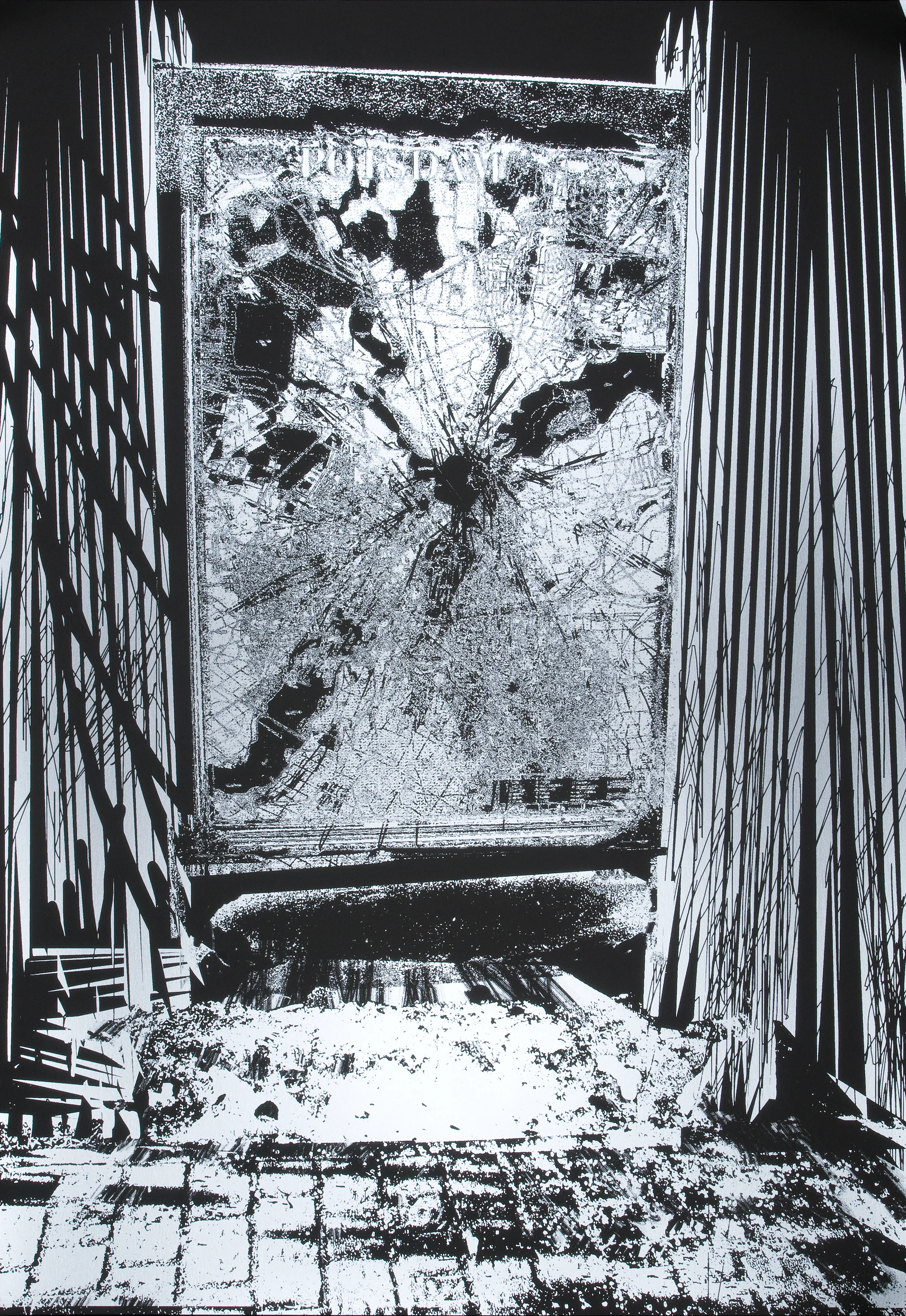 Potsdam Yeah Yeah   by Santiago Cucullu 2009  From The Seventh Thread had Greenish Walls A Bathroom in the Hall suite  | Edition of 7  | Screenprint on Black Plike  |  40" x 27 1/2"  | $5,000 suite of seven | $1,500 individuals