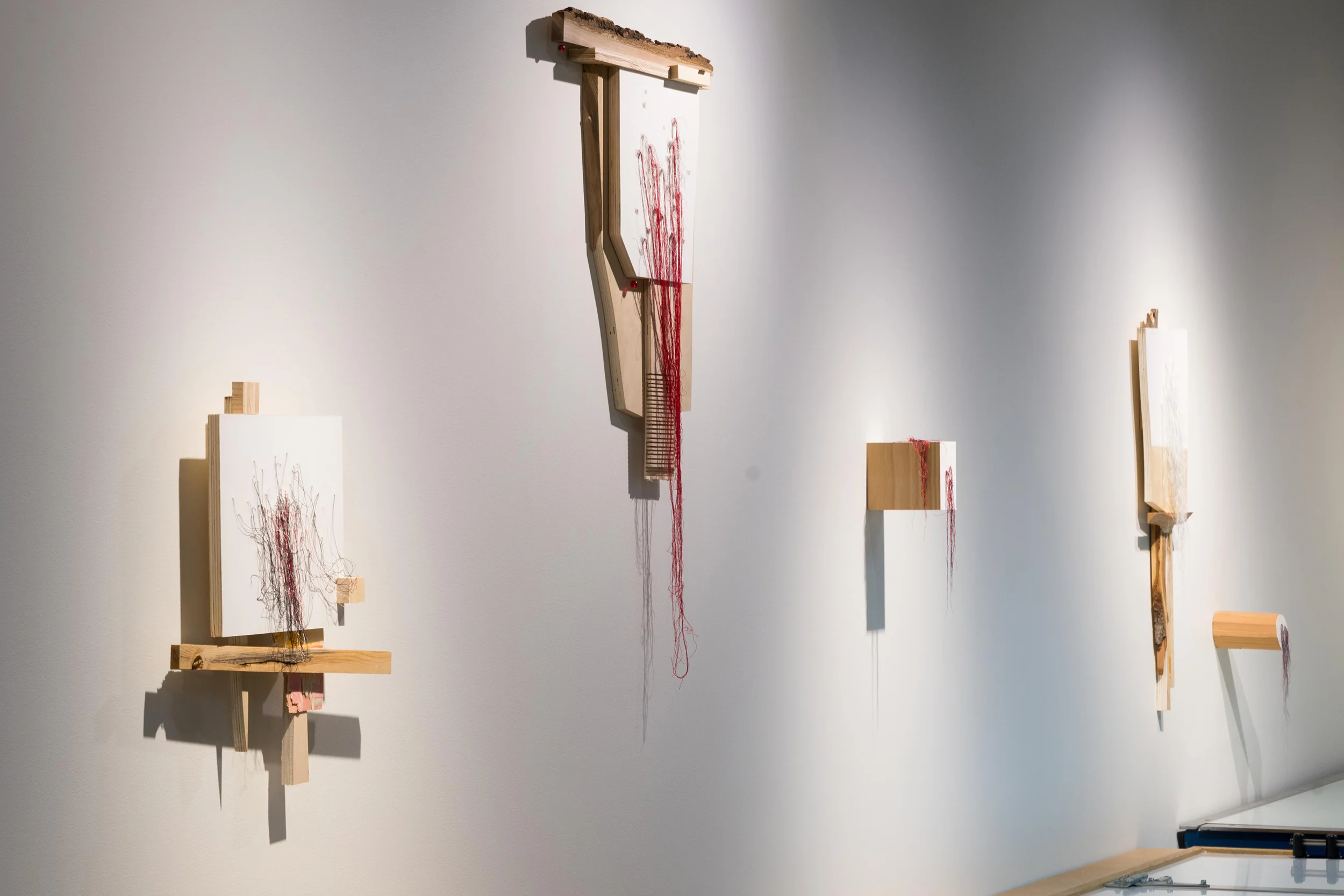 installation view of Trace Elements , augmented relief prints on wood with glass beads and silk thread