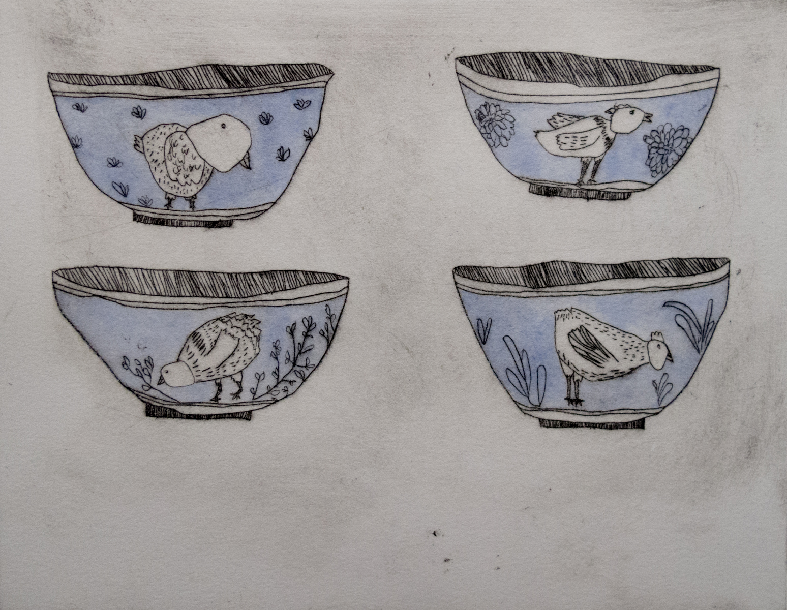  Jane Carlson   Chicken Cups   Drypoint with watercolor 