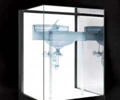 Do Ho Suh. Basin, Apartment A, 348 West 22nd Street, New York, NY 10011, USA, 2015. Polyester fabric, stainless steel wire, display case with LEDs, 46 x 31 7/8 x 28 in. © Do Ho Suh. Courtesy the artist and Lehmann Maupin, New York, Hong Kong, and Seoul. Photo: Taegsu Jeon
