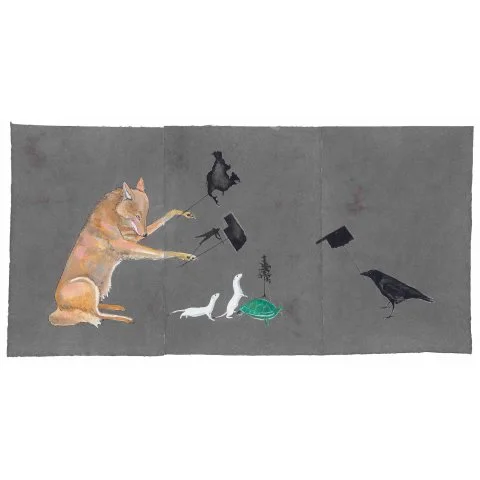 Julie Buffalohead, The Trail, 2015, acrylic, ink, graphite on Lokta paper, 30 x 60 inches. Image courtesy of the artist and Bockley Gallery.