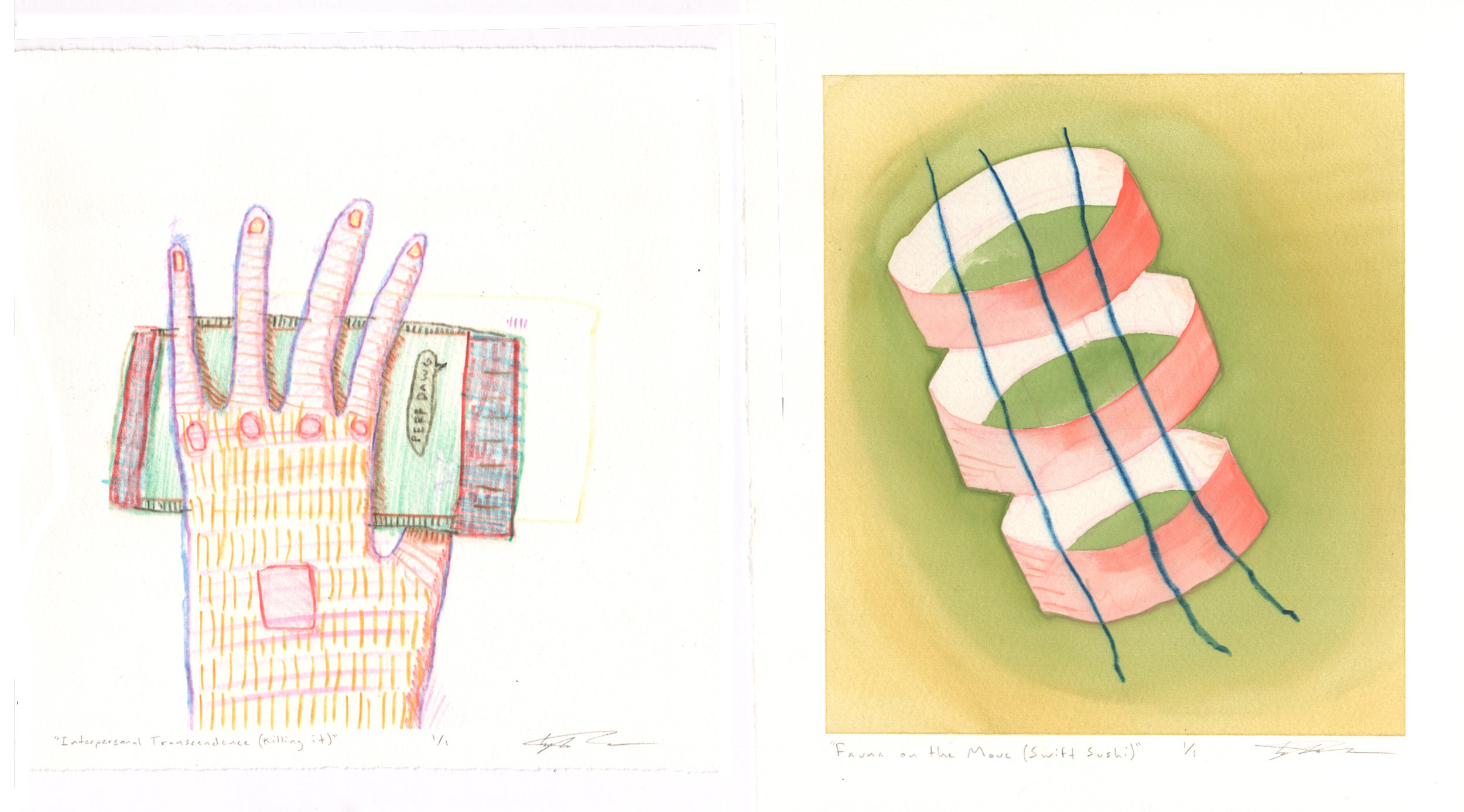 Tyler Green, Left: Interpersonal Transcendence (Killing It), Right: Fauna on the Move (Swift Sushi), monotype