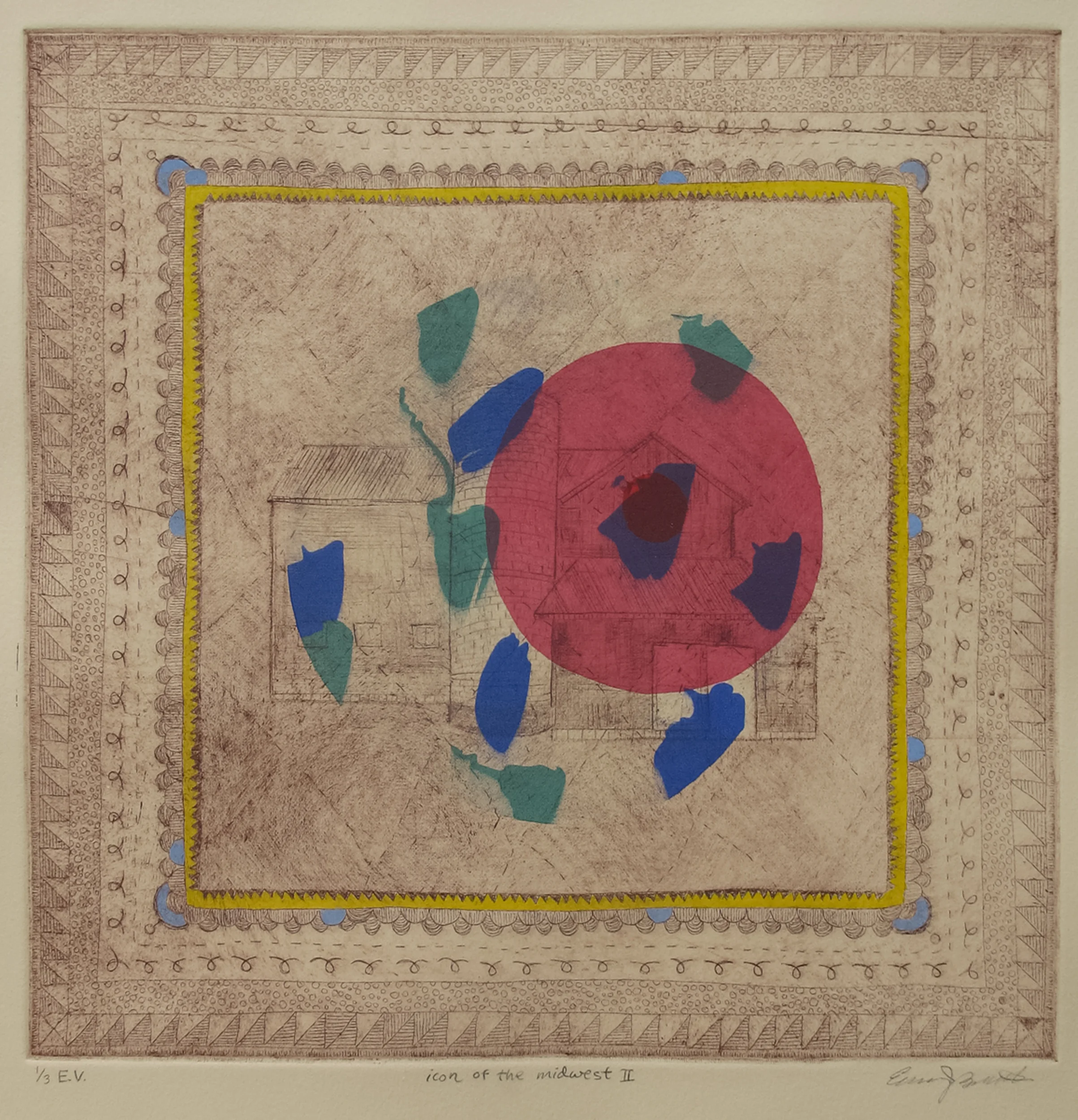 Emma Brunette, Icon of the Midwest I, etching, screen monotype and gouache