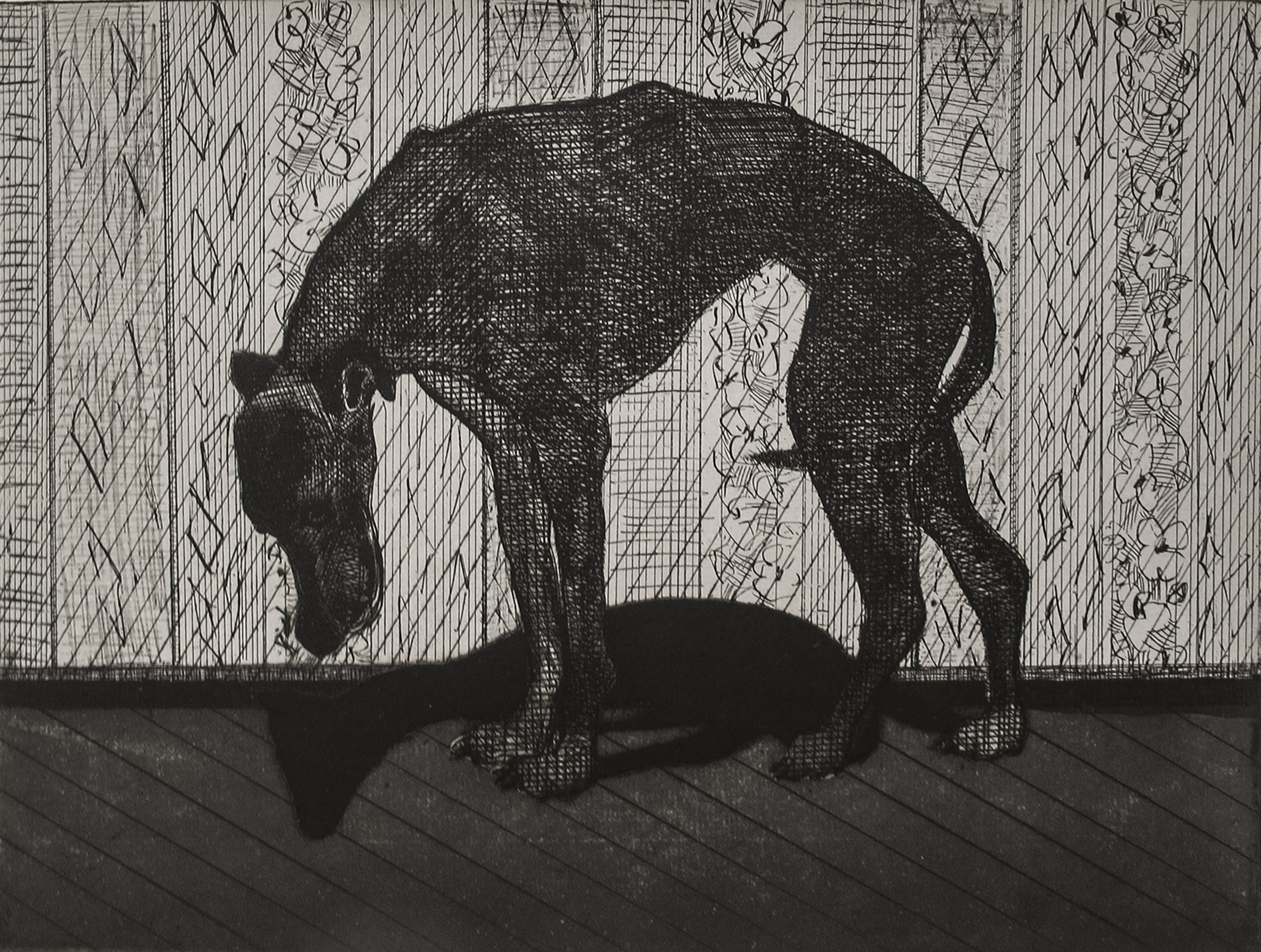 Zach Cramer, The Fool's Dog (The steady drumbeat of rebellion exposes the dead hand of authority.), intaglio
