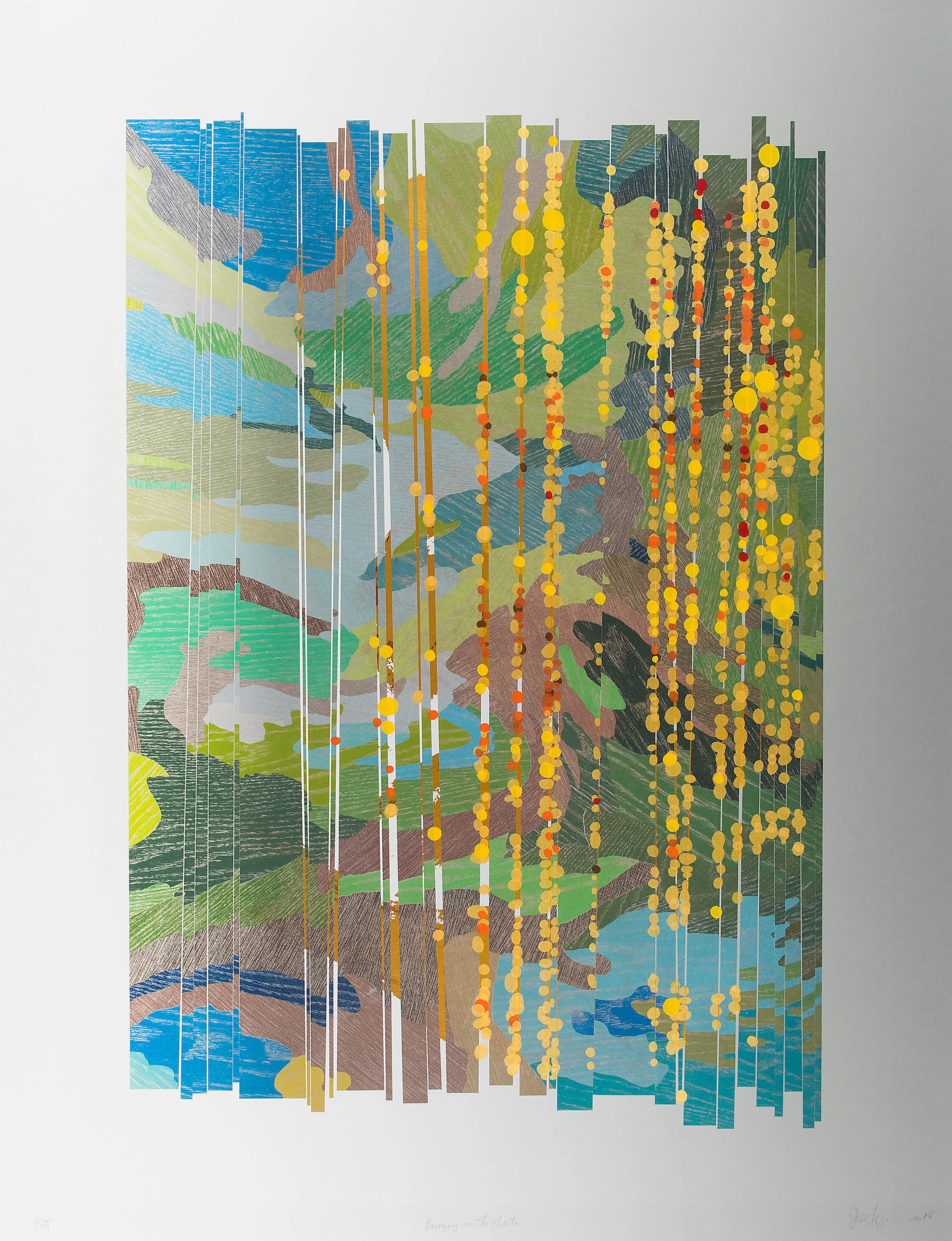 Bringing in the Ghosts, 2019 Edition of 28 Seventy-nine color lithograph, screen and pigment print with hand cutting, collage and metallic foils. Image 43” x 33” Paper: 43” x 33” Photo credit David Kern