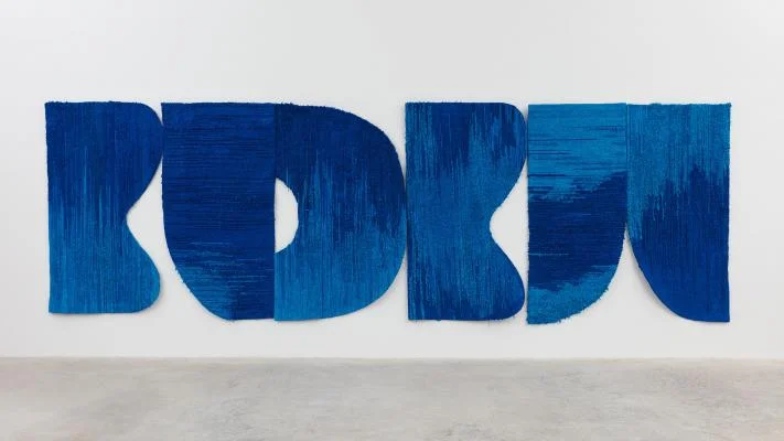 Sarah Crowner, Sapphire Tapestry Part 1, 2 & 3, tufted chenille, 80 x 180 x 1/2’’ / 203.2 x 152.4 x 1.27cm. Courtesy the artist and Casey Kaplan, New York.