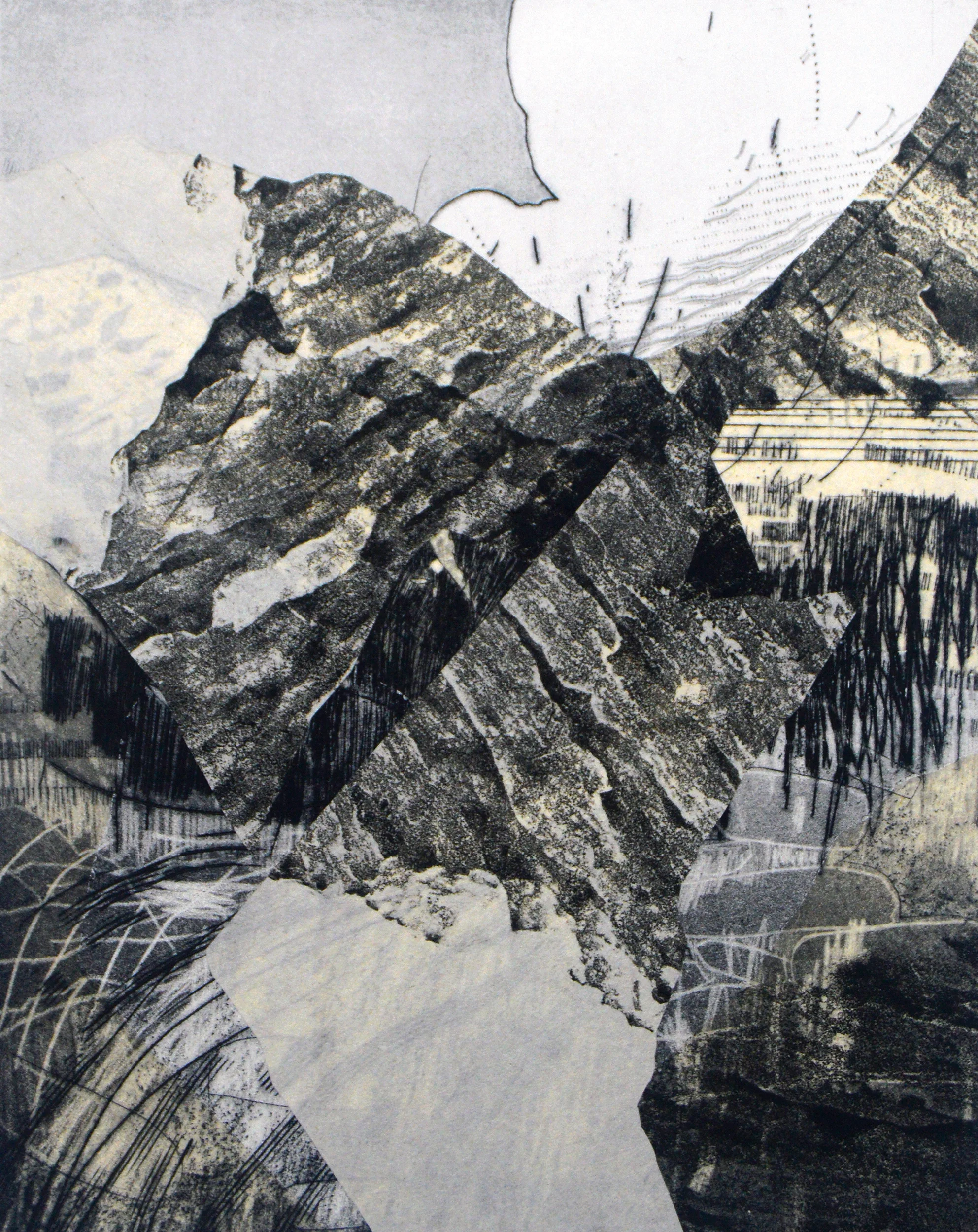 From the series: The Mountain Moves and I Stand Still , intaglio, chine collé, and stone relief