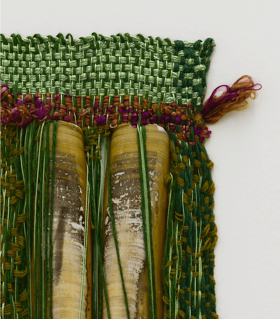 Sheila Hicks, Phare Double, 2016 (detail), Cotton, silk, razor clam shells, 24,1 x 15,9 cm / 9 1/2 x 6 1/4 inches