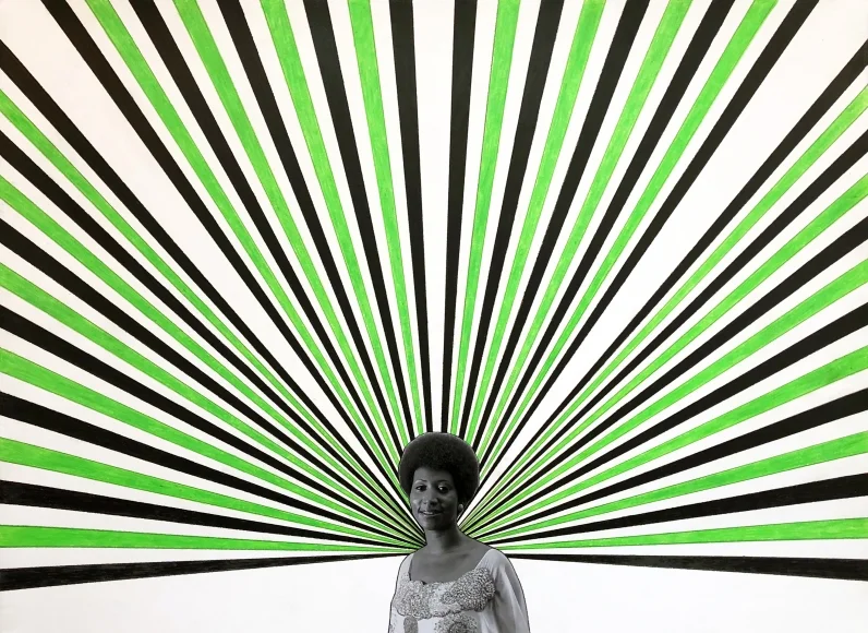 Rico Gatson, Aretha , 2019, color pencil and photo-collage on paper, 22 x 30 inches