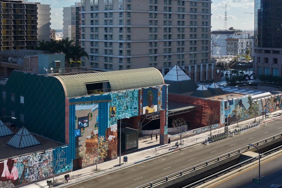 Njideka Akunyili Crosby, Obodo (Country/City/Town/Ancestral Village) , 2018, adhesive vinyl, courtesy of the artist and Victoria Miro, London/Venice, photo by Elon Schoenholz