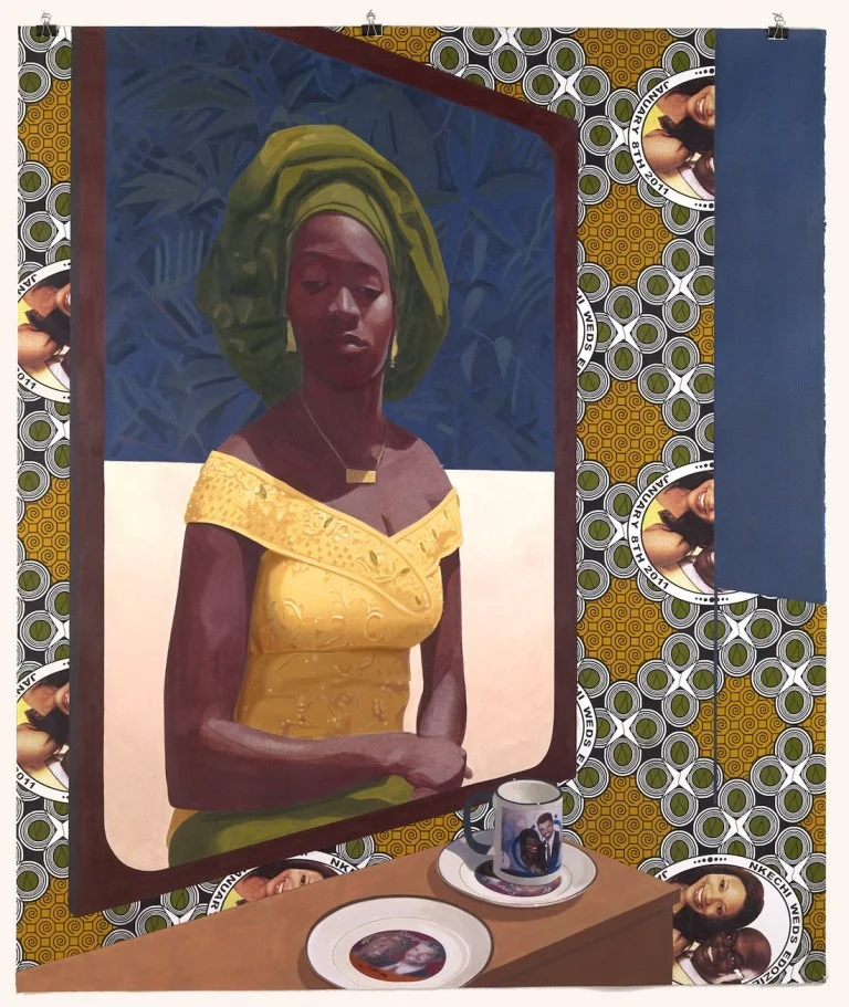 NJIDEKA AKUNYILI CROSBY (b. 1983, Enugu, Nigeria; Works in Los Angeles), “Wedding Souvenirs,” 2016 (acrylic, colored pencil, collage, and commemorative fabric on paper). | Museum purchase, 2017-5-1